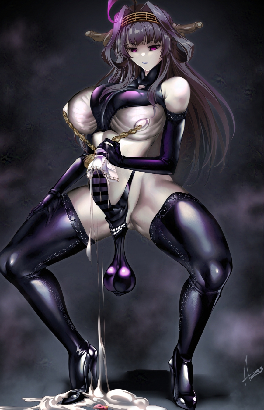 1futa abyssal_ship areolae azu_(azzz) balls bar_censor big_balls big_breasts big_penis breasts censored character_request clothed clothing corruption cum cum_drip dark_persona elbow_gloves erection futa_only futanari gloves grey_skin huge_ass huge_breasts humanoid humanoid_penis kantai_collection kongou_(kantai_collection) masturbation mostly_nude nipple_piercing nipples on_back pale_skin penis purple_eyes sagging_balls shimenawa solo squatting thick_cum thick_thighs thighhighs wide_hips