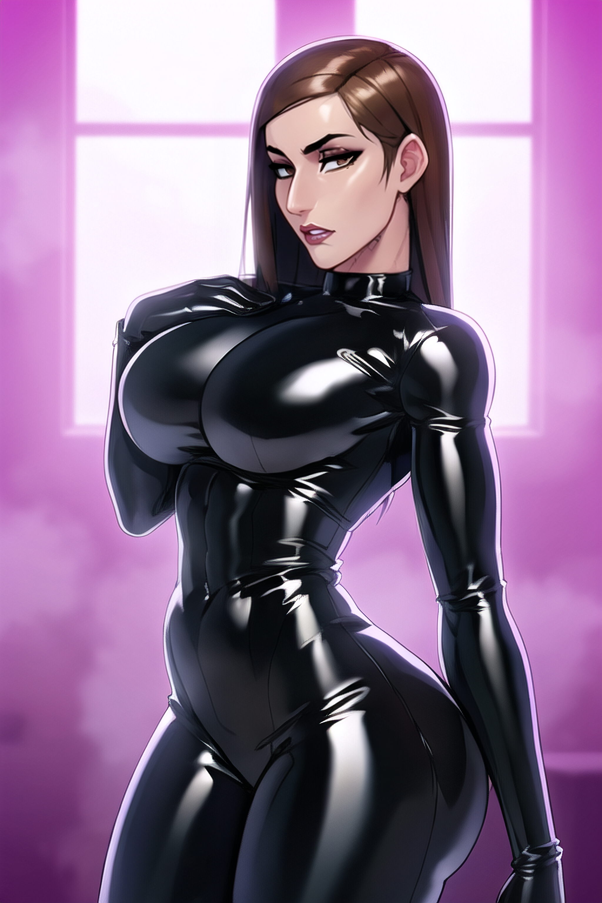 1girls, ai generated, big nose, bodysuit, brown eyes, brown hair, female, fit, fit female, latex, latex bodysuit, smoke600