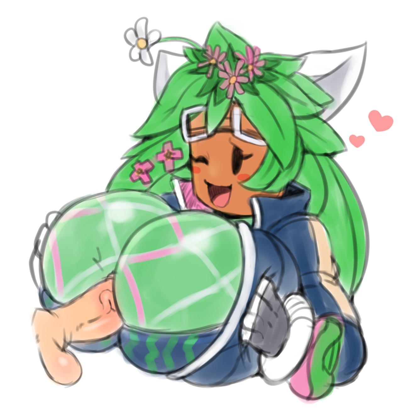 1boy 1girls big_breasts blaster_master blaster_master_zero blaster_master_zero_2 breasts bust cleavage female green_body heart huge_breasts human human_on_plantie kanna_(blaster_master) large_breasts latex male male_human/female_humanoid matospectoru mob_face paizuri penis plant plant_girl plant_humanoid plantie unseen_male_face unzipped_bodysuit voluptuous watermelon_bra watermelon_nets wink