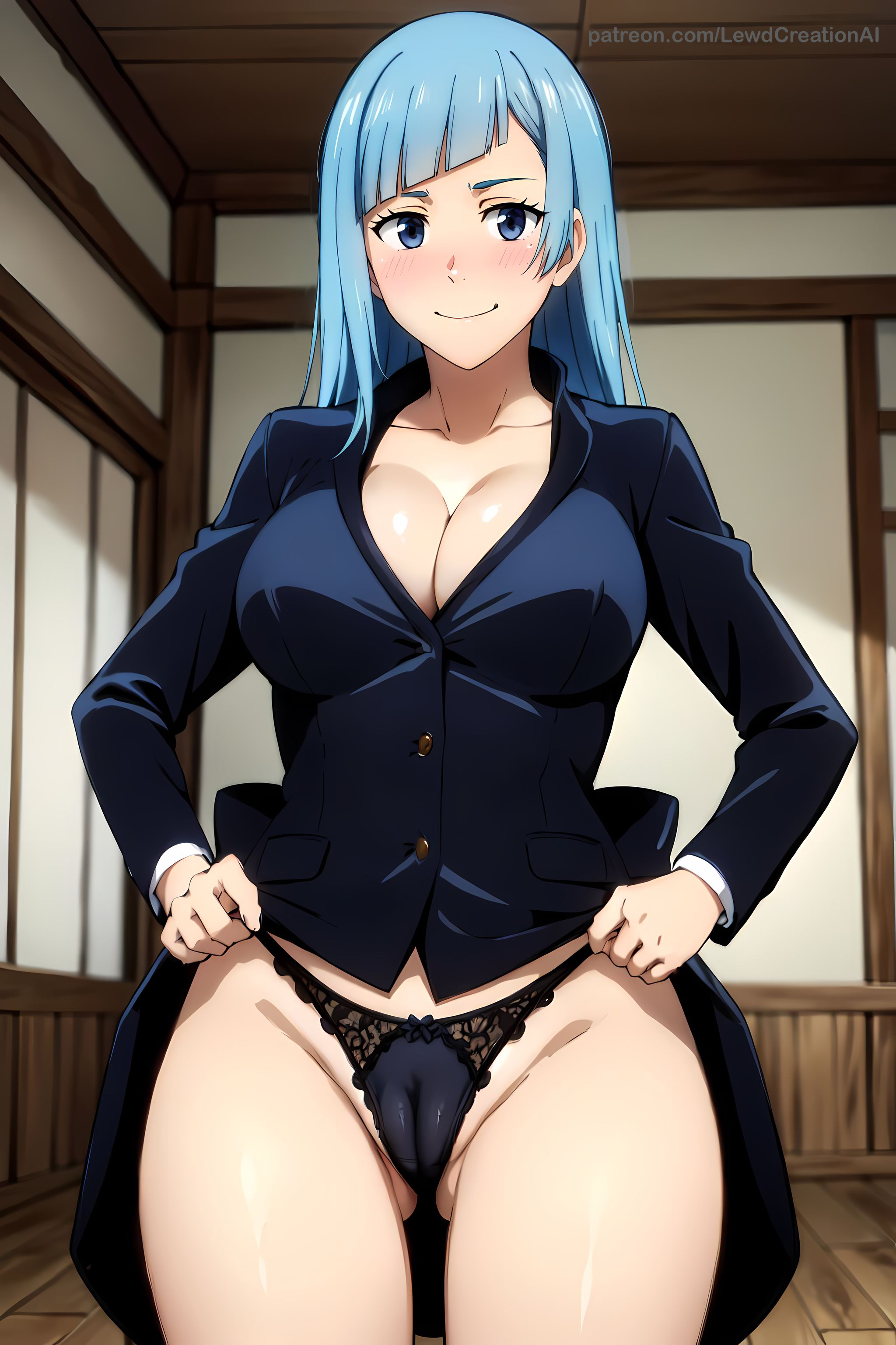1girls, ai generated, big breasts, blue eyes, blue hair, blush, blush lines, blushing at viewer, breasts, cameltoe, cleavage, cleavage cutout, curvy, curvy figure, female, hands on hips, jujutsu kaisen, kasumi miwa, lewdcreationsai, looking at viewer, panties, pussy, pussy through clothing, solo, solo female, suit, tagme, thighs