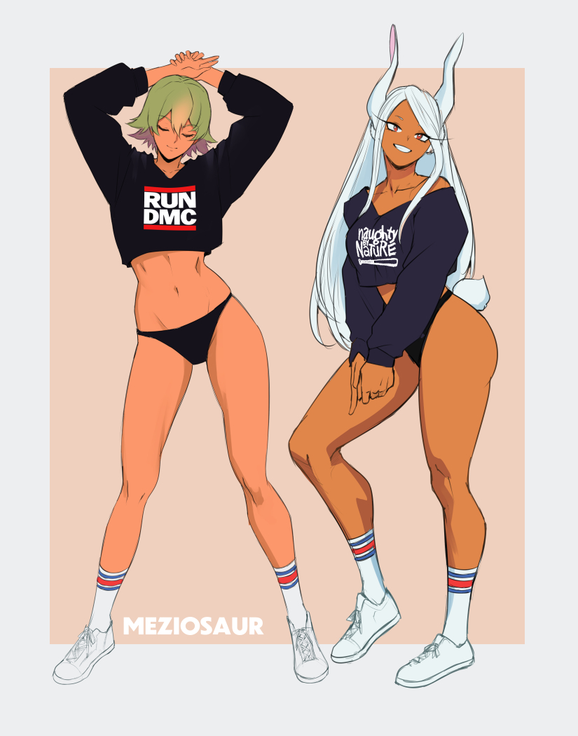 2girls alternate_costume animal_ears artist_name band_shirt beige_background black_panties black_shirt blonde_hair boku_no_hero_academia border closed_eyes collarbone commentary crop_top crossover curvaceous curvy curvy_female dark-skinned_female dark_skin english_commentary female female_only fire_emblem fire_emblem_heroes grin hair_between_eyes laegjarn_(fire_emblem) long_hair long_sleeves looking_at_viewer meziosaur midriff mirko miruko multicolored_hair multiple_girls my_hero_academia naughty_by_nature navel nintendo outside_border own_hands_together panties pink_background rabbit_ears rabbit_tail red_eyes rumi_usagiyama run-dmc shirt shoes short_hair simple_background smile sneakers socks tail thighs two-tone_hair underwear white_border white_hair white_sneakers white_socks