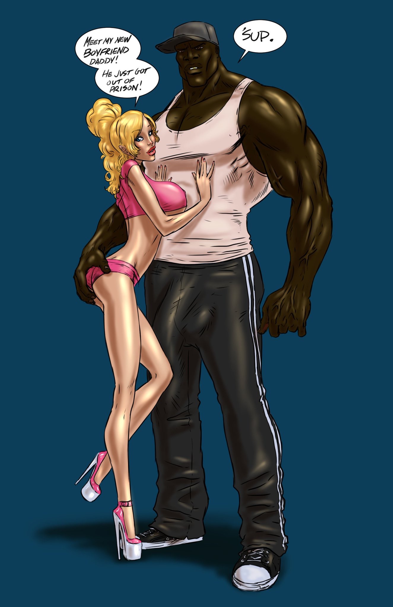 1boy, 1girls, ass, big penis, bimbo, blonde hair, breasts, bulge, dark skin, dark-skinned male, english text, female, fenris comix, hand on ass, high heels, interracial, large breasts, male, penis, pink clothing, platform heels, stiletto heels, text, very high heels