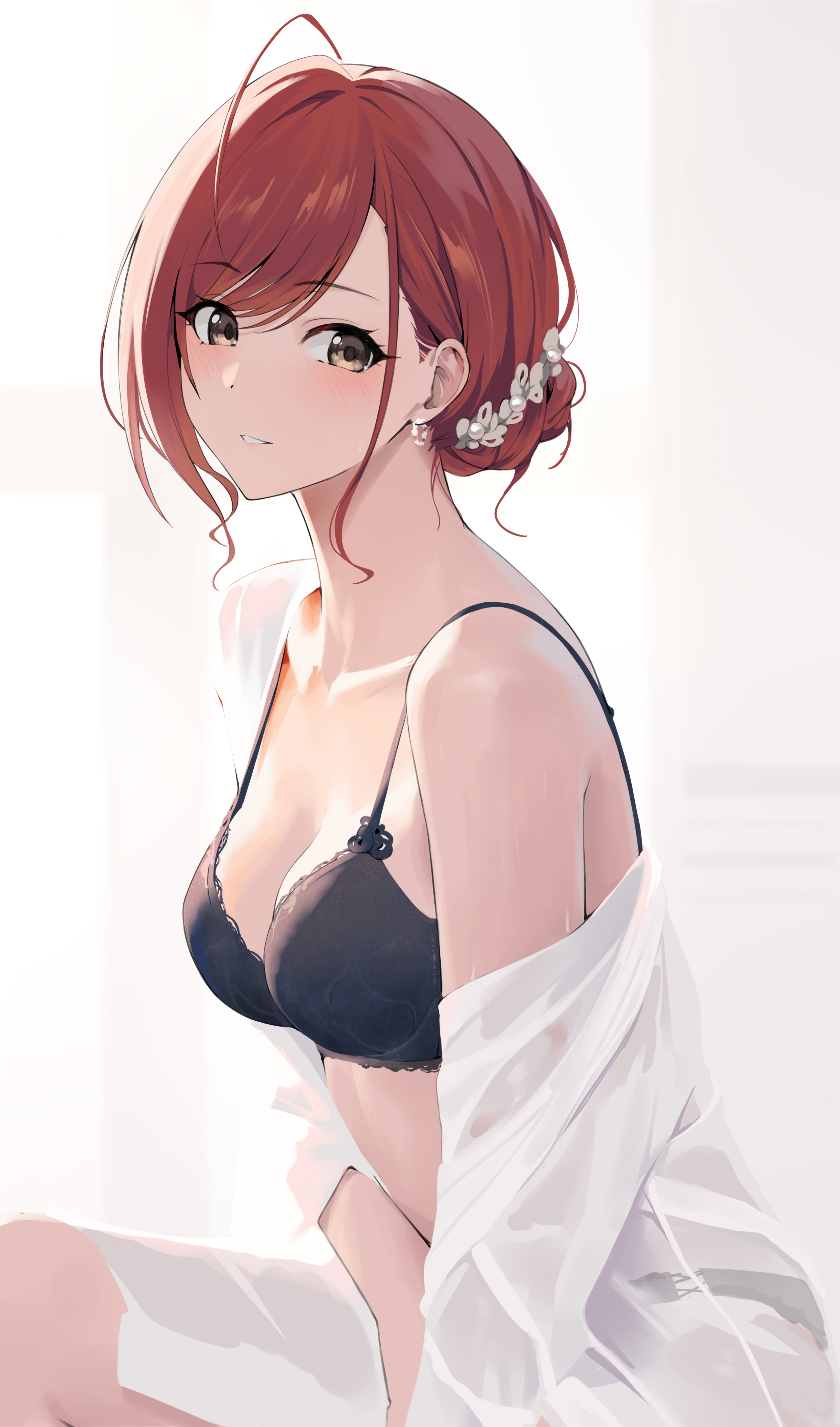 1girls, ahoge, arisugawa natsuha, big breasts, black bra, black panties, blush, bra, breasts, brown eyes, chest, cleavage, collarbone, cute, earrings, exposed shoulder, eyelashes, female, female only, gin00, hair bun, hairband, half-closed eyes, head tilt, highres, idolmaster, idolmaster shiny colors, light skin, light-skinned female, looking at viewer, off shoulder, open clothes, orange hair, panties, panties visible through clothing, see-through, see-through clothing, shirt, shirt open, short hair, shoulders, shy, sitting, solo, tied hair, transparent clothing, white background, white shirt