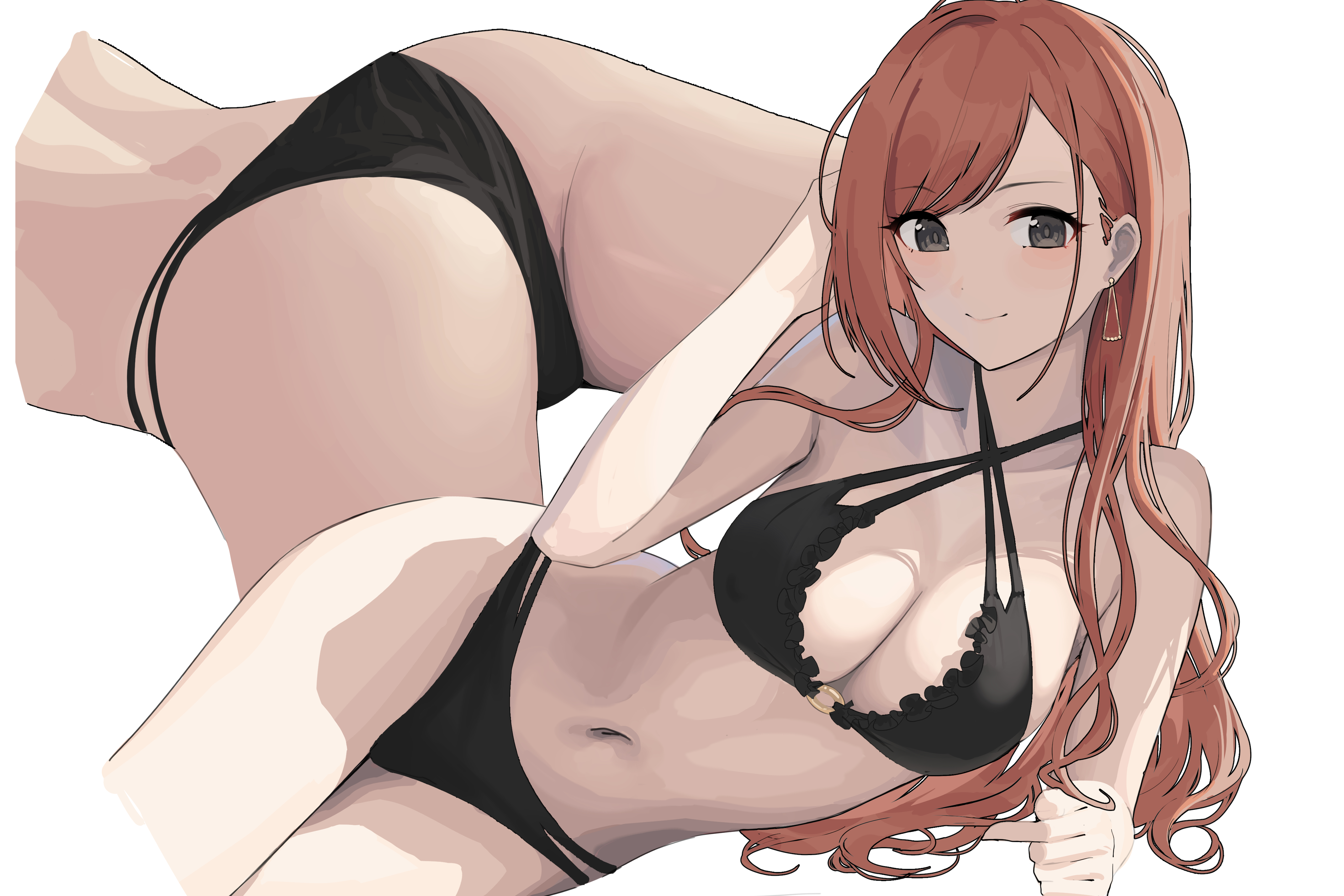 :), 1girls, arisugawa natsuha, ass, asymmetrical bangs, bare shoulders, belly, big breasts, black bra, black panties, black swimsuit, blush, bra, breasts, chest, cleavage, earrings, female, female only, gin00, grey eyes, half-closed eyes, hand on head, highres, hips, idolmaster, idolmaster shiny colors, light skin, light-skinned female, long hair, looking at viewer, lying, navel, o-ring, o-ring bikini, o-ring top, on side, orange hair, panties, posing, smile, solo, stomach, swimsuit, waist, white background