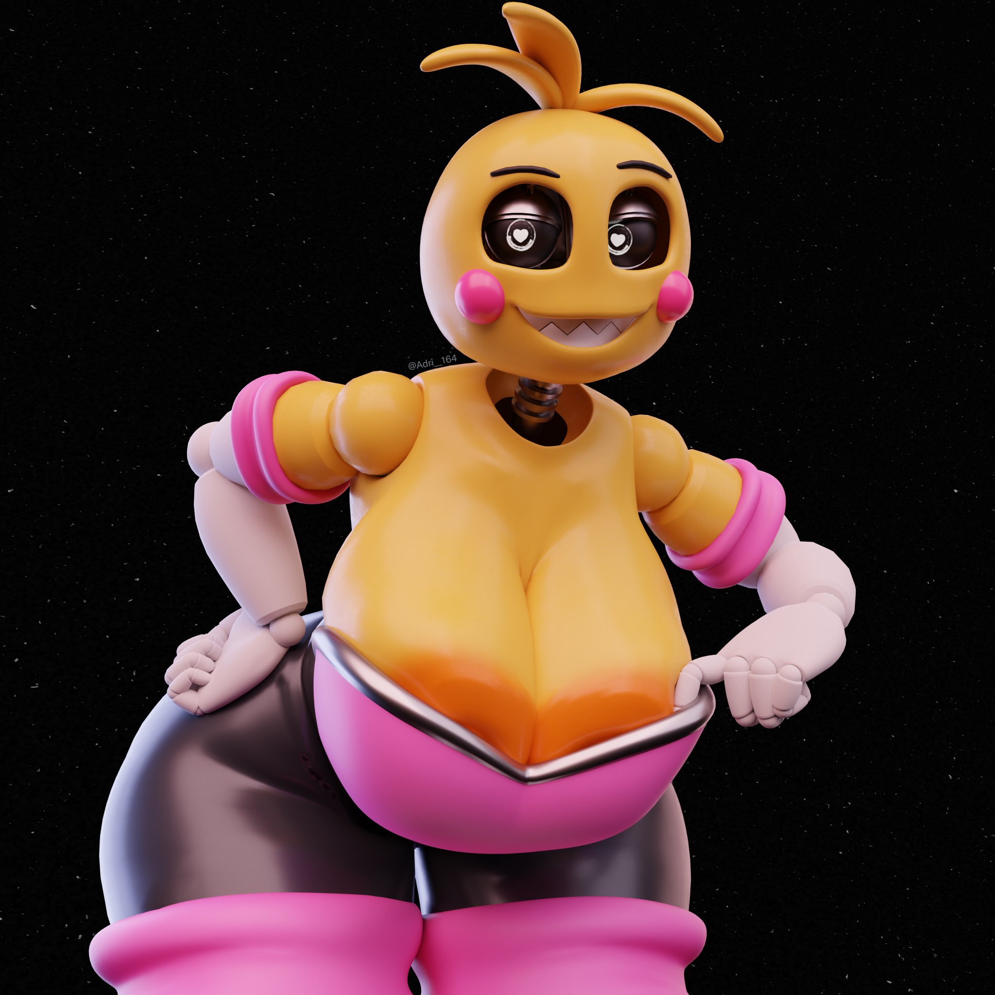 1girls, 3d, 3d (artwork), adri164, animatronic, big breasts, blush, blush stickers, breasts, cleavage, clothing, elbow gloves, female, female only, five nights at freddy's, five nights at freddy's 2, furry, gloves, heart-shaped pupils, huge breasts, large breasts, looking at viewer, robot, robot girl, rouge the bat (cosplay), sharp teeth, smile, solo, solo female, solo focus, sonic (series), thick thighs, thighs, toy chica (fnaf), toy chica (love taste), wide hips, yellow body, yellow skin
