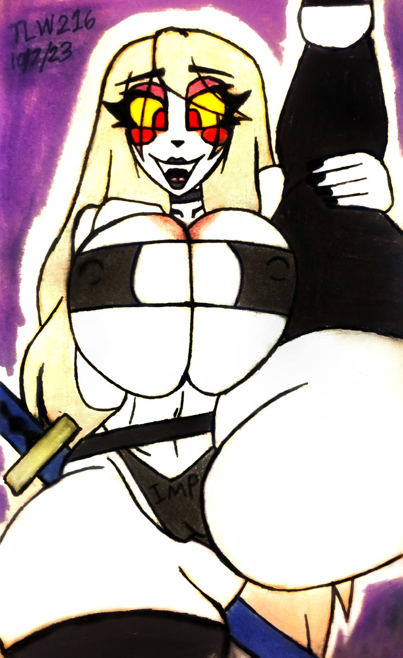 1girls 2023 ass big_breasts big_butt blonde_hair blush body_blush breast_blush breasts camel_toe charlie_morningstar_(hazbin_hotel) choker cleavage clothed clothing clothing_aside curvy_female curvy_figure demon demon_girl demon_humanoid demoness erect_nipples eyeliner female genitals hair hazbin_hotel hi_res hourglass_figure huge_breasts humanoid jewelry katana leggings legwear lipstick long_hair makeup melee_weapon necklace nipples one_leg_up panties panties_aside presenting pussy raised_leg red_eyes seductive smile solo sword theloanwanderer216 thick_thighs traditional_media underwear underwear_aside weapon white_body wide_hips