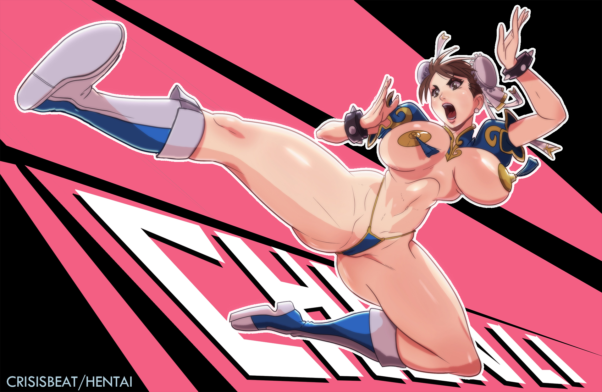 1girls, action pose, adapted costume, asian, ass, boots, bracelet, breasts, brown eyes, brown hair, cameltoe, chun-li, cleavage, crisisbeat, curvy, earrings, female, female only, g-string, hourglass figure, huge areolae, huge ass, huge breasts, human, jumping, kicking, large breasts, lipstick, navel, nipple tassels, pasties, pinup, pose, posing, puffy nipples, pussy, skimpy, solo, street fighter, tagme, thick lips, thick thighs, thong, tied hair, voluptuous, wide hips