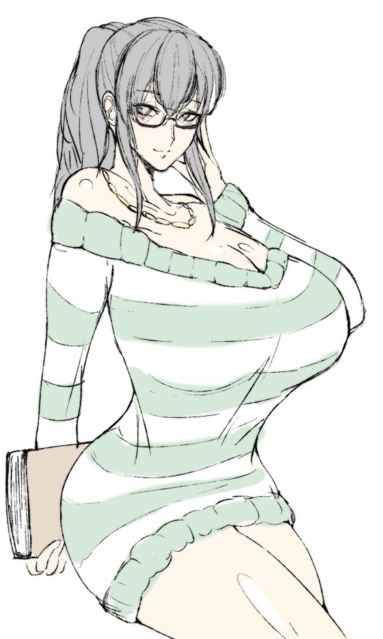 bare_shoulders breasts cleavage curvy female female_only from_above glasses grey_eyes grey_hair huge_breasts jewelry long_hair looking_at_viewer necklace nico_robin one_piece one_piece_film_strong_world ponytail pre-timeskip romo_(samesameyeah) samesameyeah simple_background smile solo striped_clothes striped_sweater sweater white_background