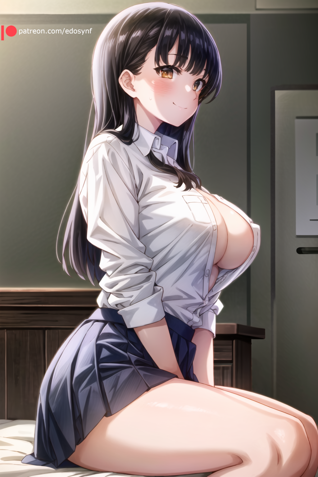 ai_generated bangs between_legs black_hair black_skirt blue_skirt blush boku_no_kokoro_no_yabai_yatsu breasts brown_eyes chalkboard classroom cleavage closed_mouth collared_shirt edosynf female from_side hand_between_legs highres indoors large_breasts long_hair long_sleeves looking_at_viewer miniskirt no_bra open_clothes open_shirt pleated_skirt school_uniform shirt shirt_tucked_in sitting skirt sleeves_rolled_up smile solo straight_hair sweat thighs white_shirt yamada_anna