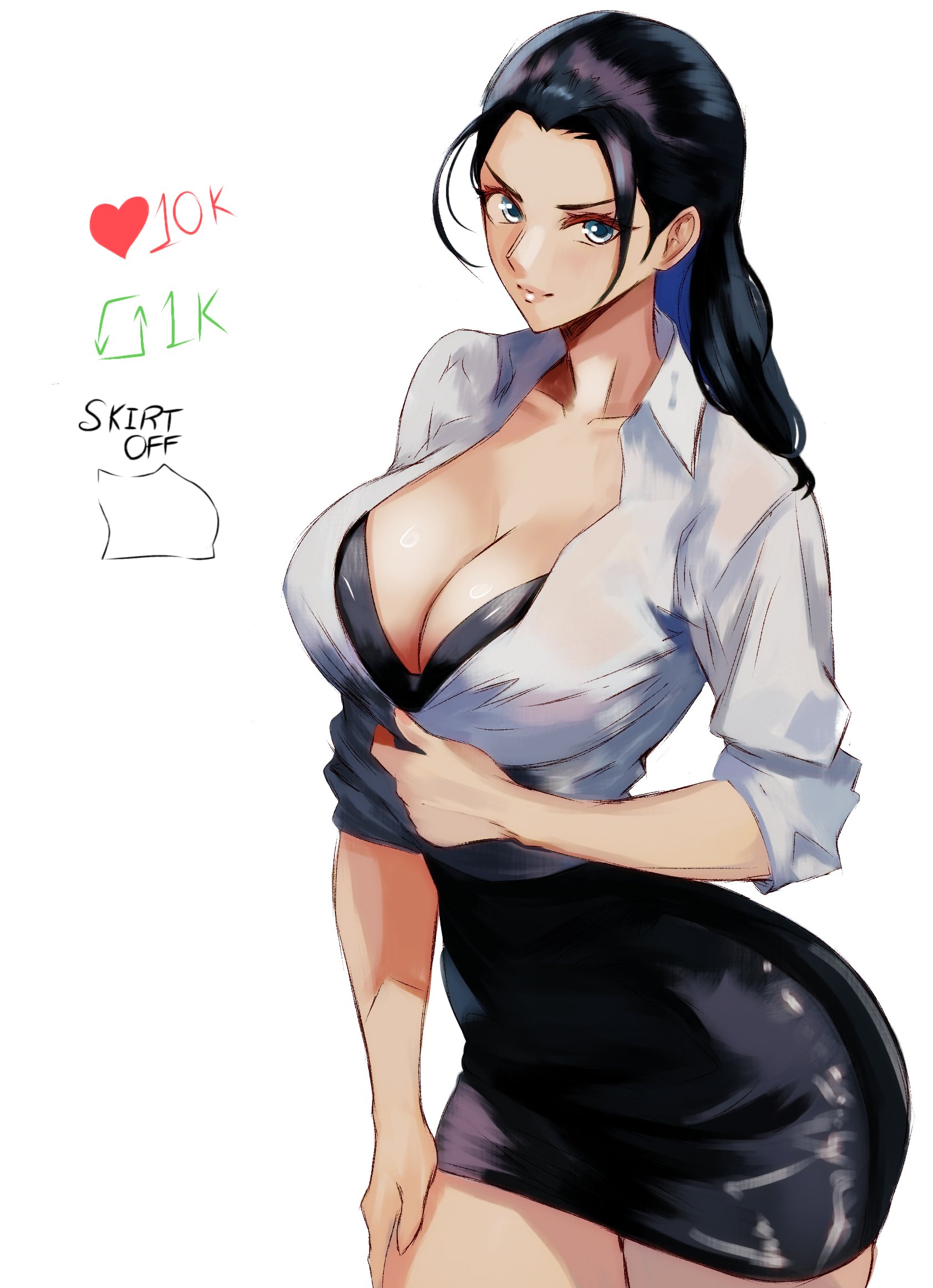 1girls, ass, barely fits, black hair, black-haired female, blue eyes, breasts, breasts too big, bursting breasts, curvaceous, curvy, curvy body, curvy female, curvy figure, female, female only, hourglass figure, large breasts, nico robin, office lady, one piece, post-timeskip, skirt, strip game, tight fit, undressing, vcais, voluptuous, voluptuous female, wide hips