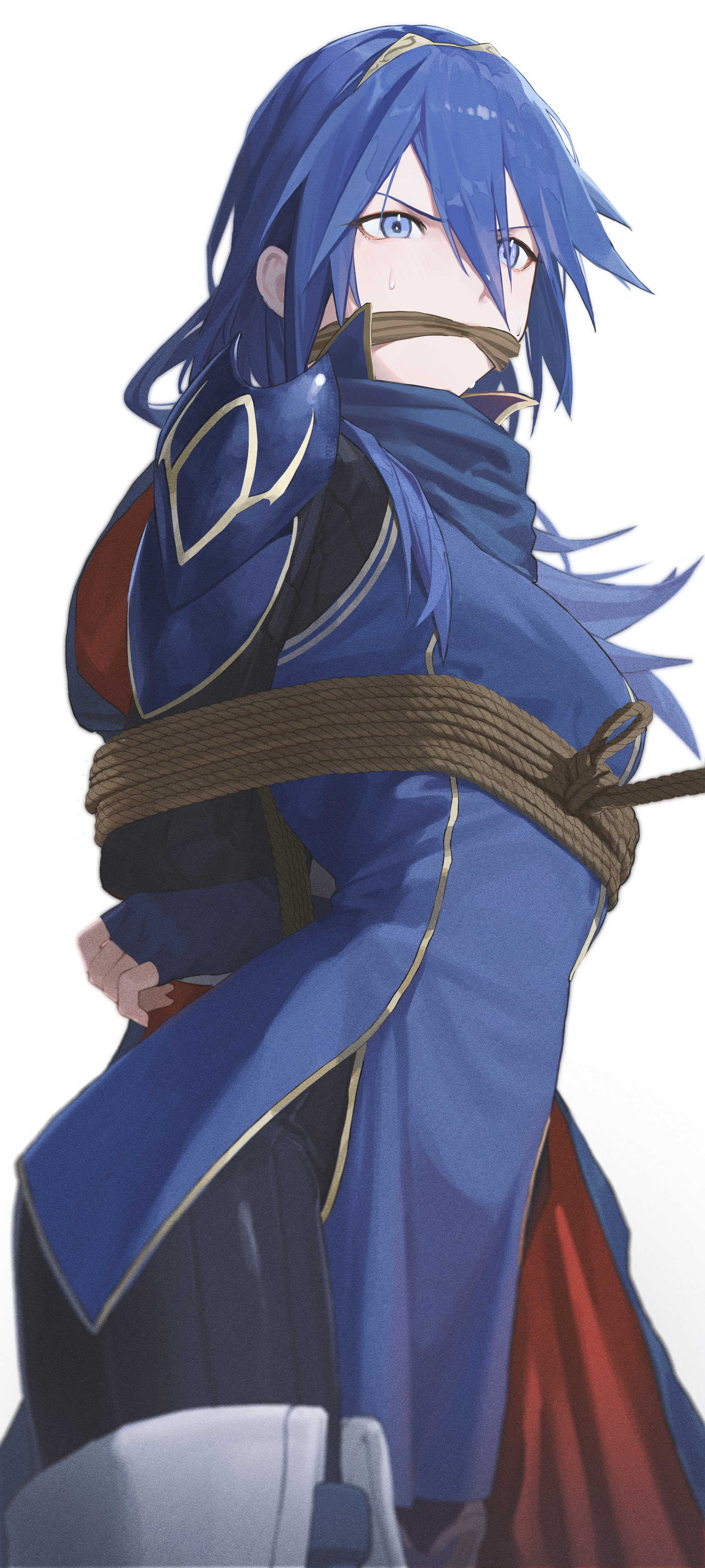 1girls, armor, blue eyes, blue hair, bodysuit, bondage, bound, breasts, cape, cleave gag, darah, female, femsub, fire emblem, fire emblem awakening, gag, gagged, highres, long hair, lucina (fire emblem), nintendo, restrained, rope, rope bondage, small breasts, solo, sweat, tied, tied up