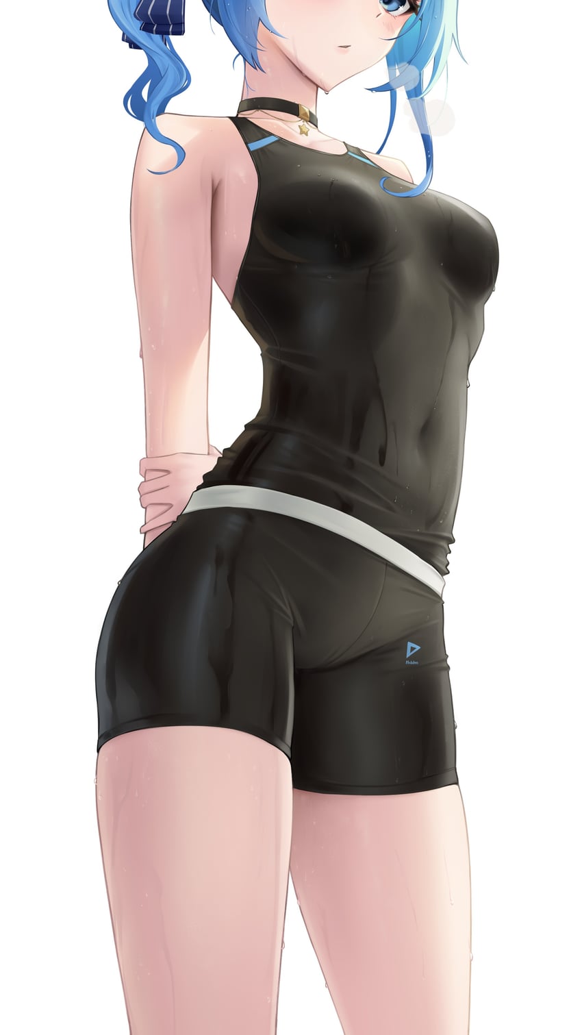bike shorts, black shirt, black shorts, black tank top, blue hair, female, highres, hololive, hololive gen 0, hololive japan, hoshimachi suisei, sleeveless, somebody (leiking00), spats, tank top, virtual youtuber, wet