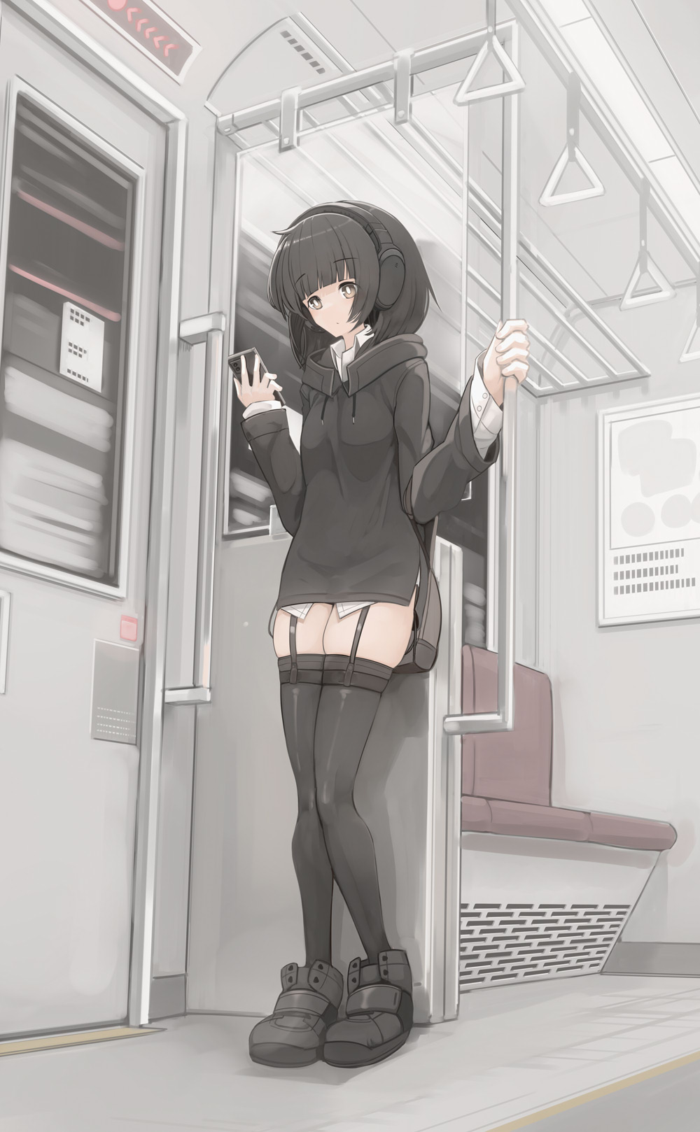 black_hair bob_cut emotionless genek headset indifferent long_sleeves metro slim_waist socks stockings teenager thick_thighs train train_interior underground