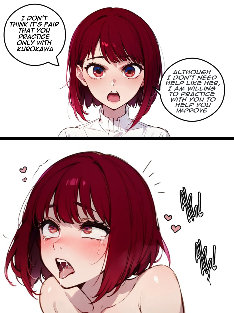 ai generated, arima kana, bare arms, bare shoulders, blush, bob cut, collarbone, crying, english, english text, female, heart, heart-shaped pupils, josskier, looking up, open mouth, orgasm, orgasm face, oshi no ko, red eyes, red hair, saliva, saliva string, sex, shoulders, slender body, stable diffusion, tears, text, text bubble, tongue, tongue out