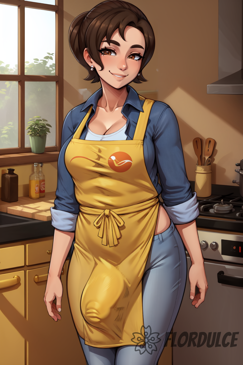 ai_generated apron brown_eyes brown_hair bulge bulge_through_clothing cleavage flaccid flordulce futa_only futanari indoors jacket kitchen milf mother_(pokemon_sv) paldea_mother pants penis_bulge pokemon pokemon_sv seductive seductive_look seductive_smile shirt solo_futa standing yellow_apron