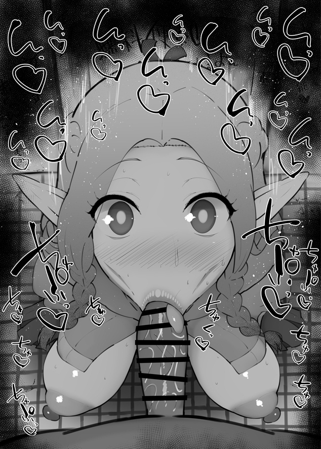 :>=, 1boy, 1girls, big breasts, big penis, black and white, blowjob, blush, braid, breasts, censored, dark skin, dark-skinned male, detailed background, dress, drooling, dungeon meshi, elf, erect nipples, eyelashes, fellatio, female, heart, humanoid, indoor, indoors, interracial, interspecies, kurotama, light skin, light-skinned female, long hair, looking at viewer, male, male pov, marcille donato, nipples, oral, oral sex, penis, pointy ears, pov, saliva, shiny, shiny skin, sketch, sound effects, squatting, text, tied hair, tongue, tongue out, vein, veins, veiny, veiny penis