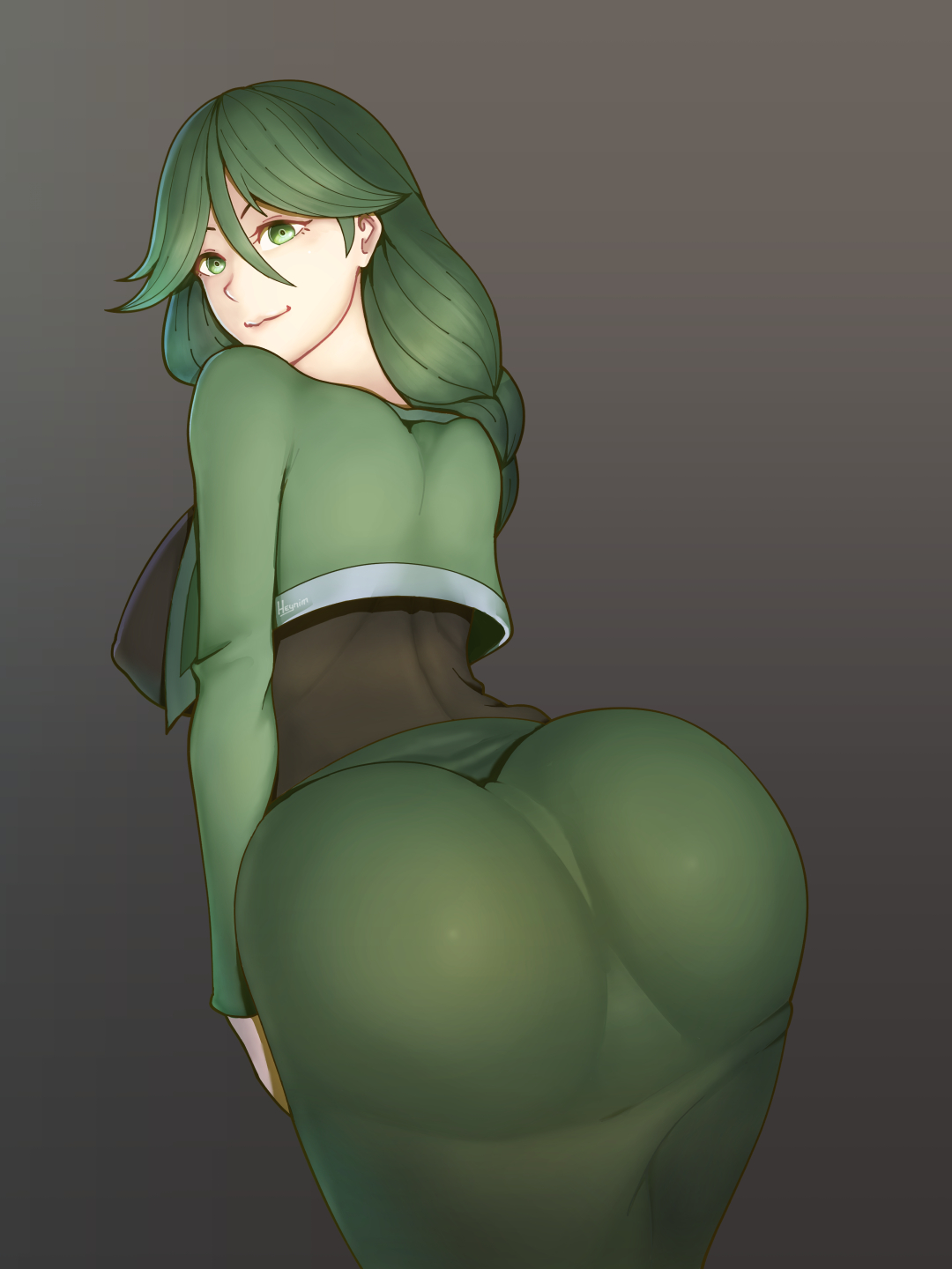 1girls, 2019, 2d, 2d (artwork), ass, back, bending over, bent over, big ass, braid, braided hair, breasts, cheryl (pokemon), clothed, dress, eye contact, female, female only, fully clothed, green eyes, green hair, grey background, hair over eyes, heynim, huge ass, huge breasts, human, human only, light skin, light-skinned female, long hair, looking at viewer, looking back, mature female, milf, no sex, pokemon, pokemon dppt, simple background, smile, solo, solo female, standing, text, thick thighs, watermark, wide hips