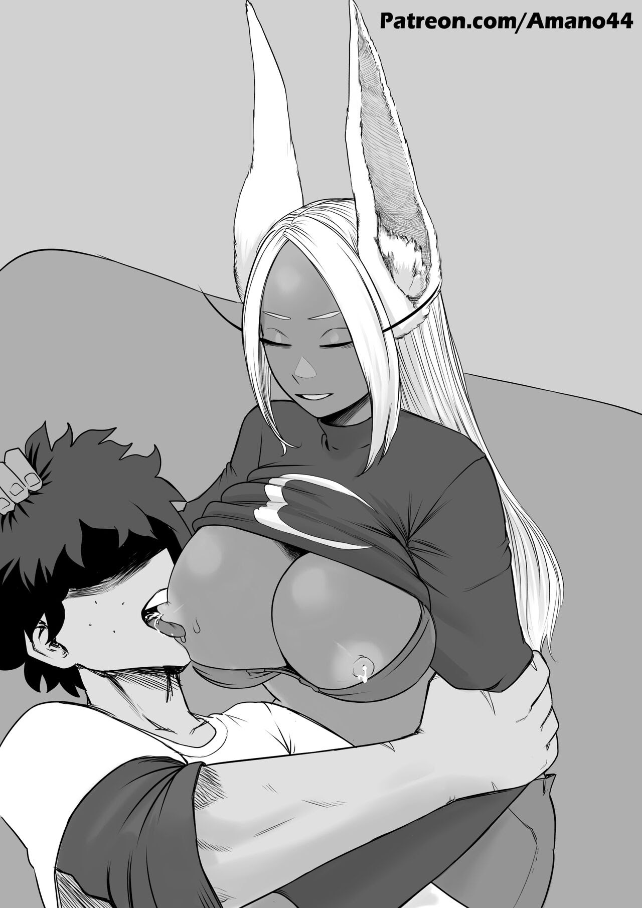 1boy, 1girls, age difference, amano44, big breasts, boku no hero academia, bra down, breast sucking, breasts, breasts out, bunny ears, bunny girl, clothed, dark skin, dark-skinned female, female, huge breasts, interracial, izuku midoriya, lactating, lactation, large breasts, light skin, light-skinned male, long eyelashes, male, mature female, messy hair, midoriya izuku, milk, milking, milking breasts, miruko, monochrome, muscular, muscular male, my hero academia, older female, rumi usagiyama, scars, scars on arm, sucking nipples, tongue, tongue in nipple, tongue out, usagiyama rumi, white hair, younger male