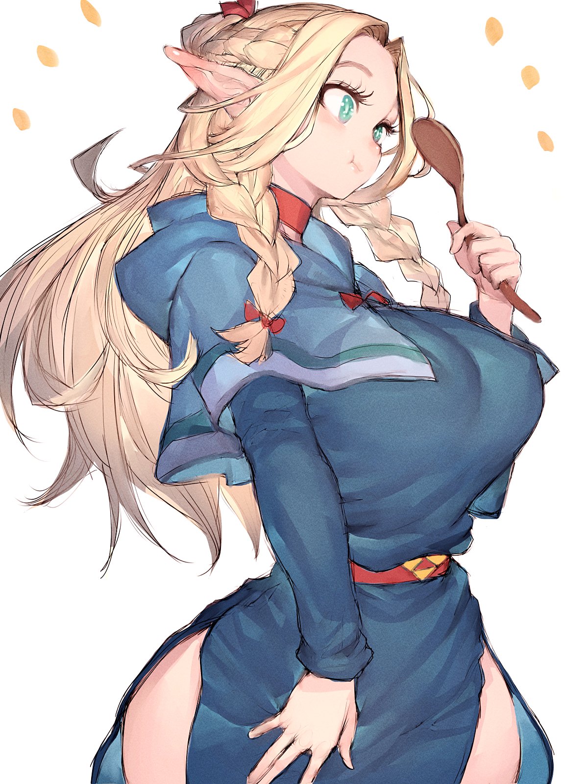 1girls, blonde hair, breasts, dungeon meshi, elf, elf ears, elf female, eye-level view, female, female only, fumio (rsqkr), green eyes, large breasts, marcille donato, solo, wide hips