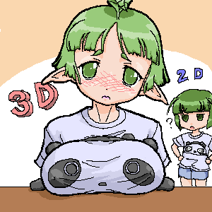 2girls :< ? bangs big_breasts blush clothing elf elf_ears elf_female female female_only green_eyes green_hair light-skinned_female light_skin looking_at_viewer microsoft_paint pixel_art pointy_ears san-x short_hair small_image tarepanda