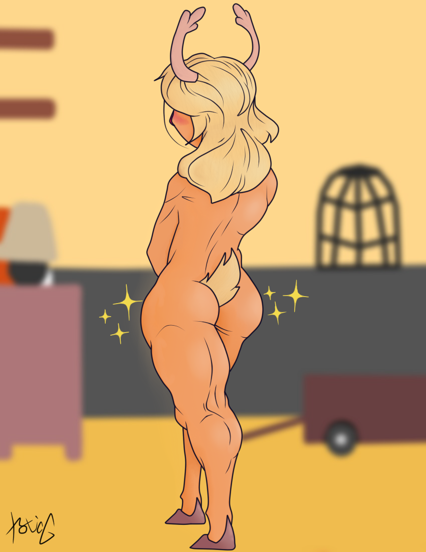 1girls anthro ass back_view big_ass blonde_hair blush brown_hair deer deltarune edit edited female female_only fit fit_female hooves horns long_hair mammal marmaladedoodles_(artist) muscular_female muscular_legs muscular_thighs naked noelle_holiday redraw simple_background solo sparkles standing tail thick_ass thick_legs thick_thighs wide_hips yellow_hair