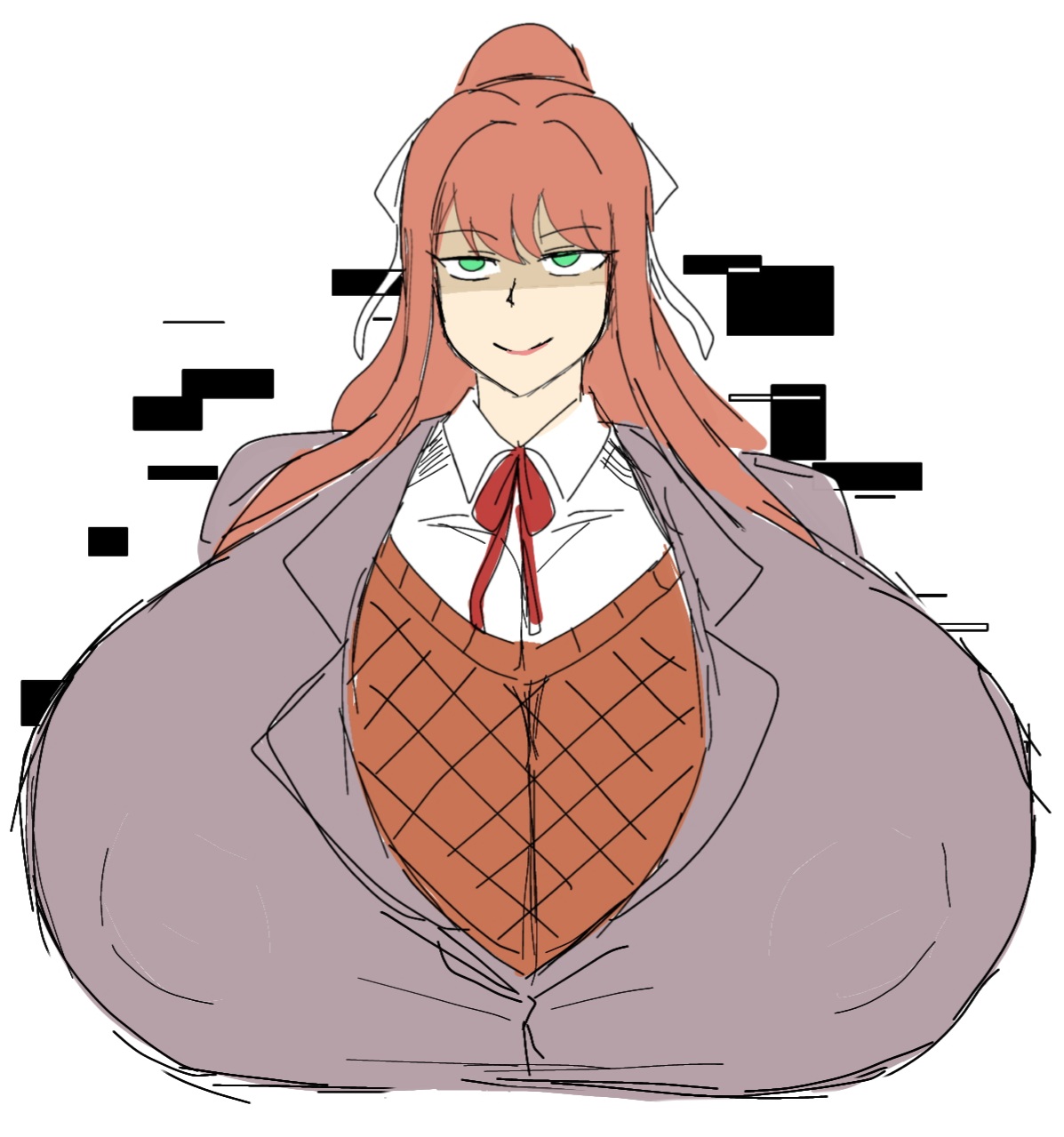 breasts, breasts bigger than head, clothed, doki doki literature club, female, female only, huge breasts, hyper breasts, momiji (artist), monika (doki doki literature club), nipples visible through clothing, teasing
