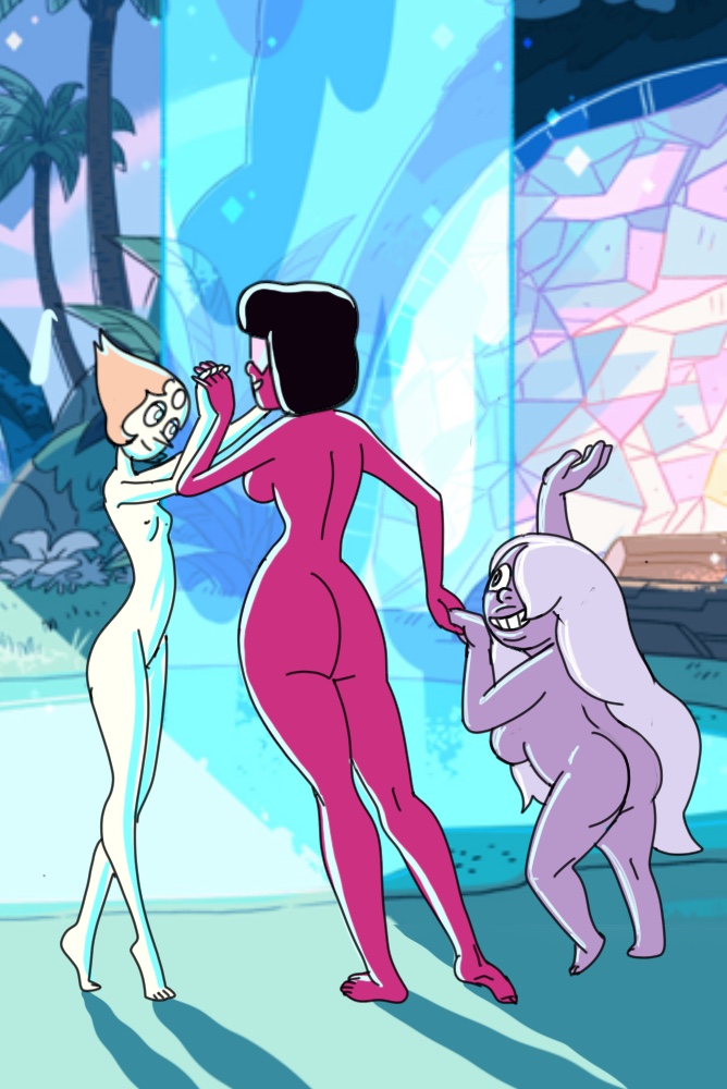 amethyst_(steven_universe) cartoon_network crystal_gem crystal_gems dancing female garnet_(steven_universe) gem_(species) holding_hands nude outside pearl_(steven_universe) steven_universe waterfall