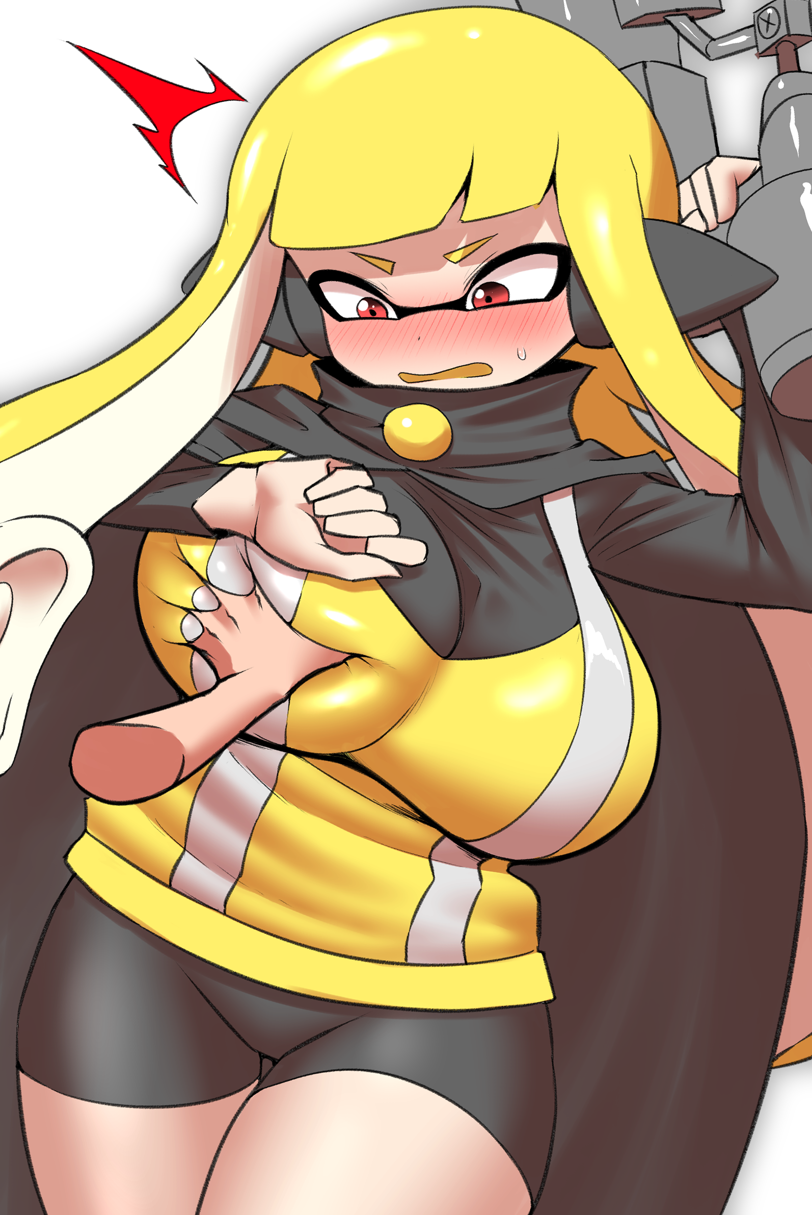1girls, agent 3 (octo expansion), agent 3 (splatoon), breast grab, breasts, clothing, disembodied hand, embarrassed, female, groping, huge breasts, inkling, inkling girl, kaori (splatoon), nintendo, nobunagapero, peronattu, splatoon, splatoon (series), splatoon 2, splatoon 2: octo expansion, splatoon: octo valley