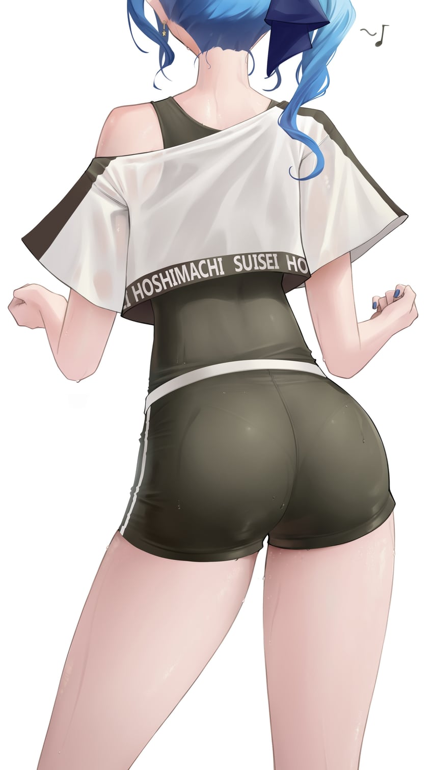 ass bike_shorts black_shorts blue_hair female highres hololive hololive_dance_practice_uniform hololive_gen_0 hololive_japan hoshimachi_suisei shorts skin_tight somebody_(leiking00) sportswear standing sweat virtual_youtuber workout_clothes