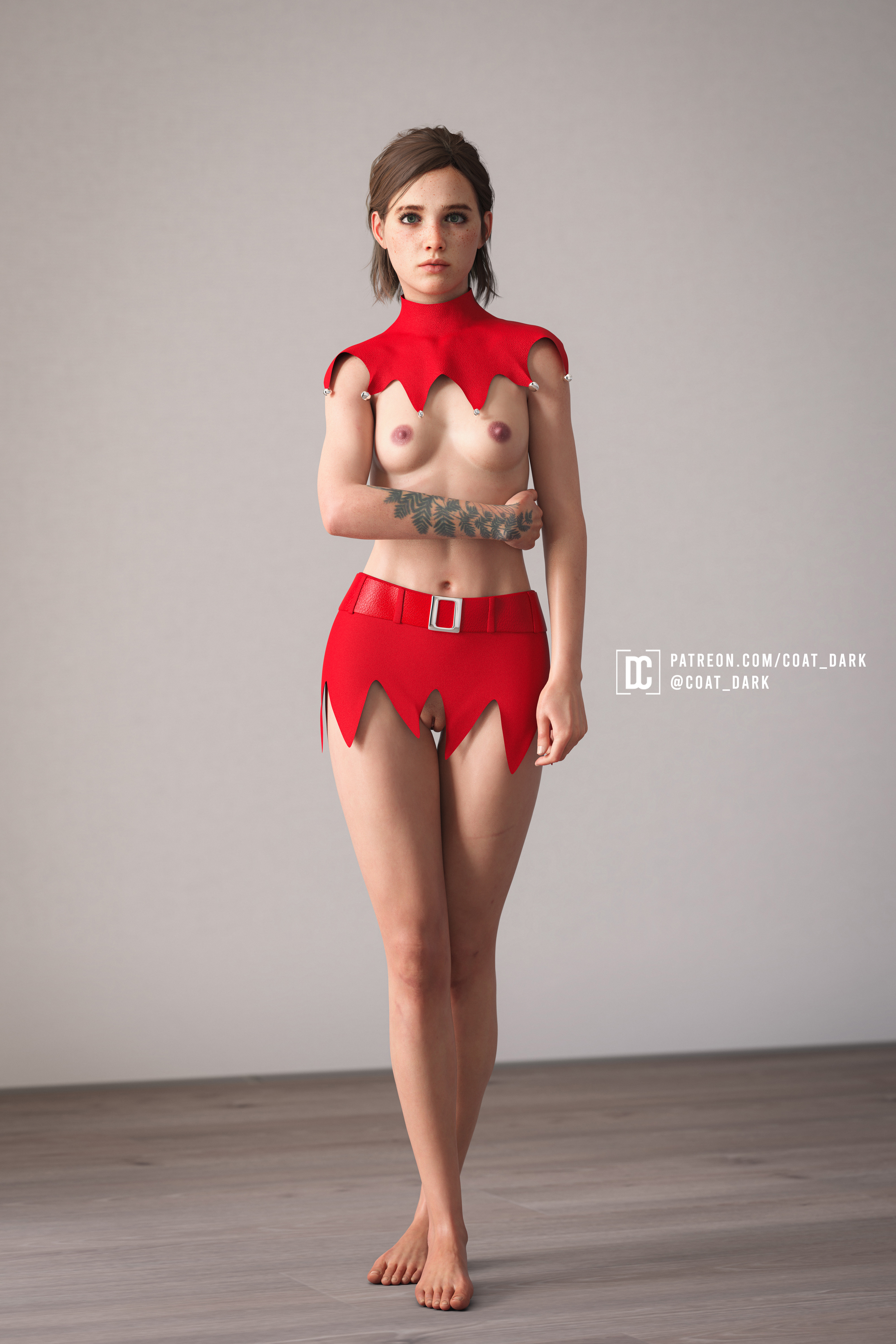 1girls, 3d, areolae, athletic, athletic female, barefoot, blue eyes, breasts, brown hair, busty, clitoris, coatdark, collar, ellie (the last of us), ellie williams, feet, female, female focus, female only, freckles, going commando, hourglass figure, labia, legs, miniskirt, navel, nipples, pinup, pinup pose, pubes, pubic hair, pussy, revealing clothes, skimpy, skimpy clothes, skinny, skirt, slim, small breasts, standing, tagme, tattoo, the last of us, the last of us 2, toes, trimmed pubic hair, vagina, wide hips