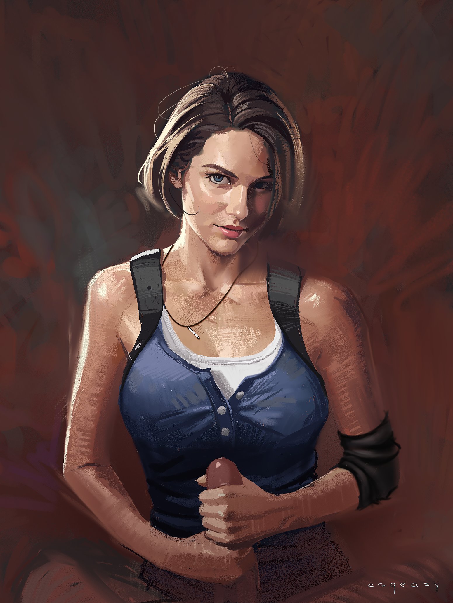 1boy, 1girls, esqeazy, female, fully clothed, handjob, jill valentine, jill valentine (sasha zotova), looking at viewer, male, partial male, penis, resident evil, tagme, two-handed handjob