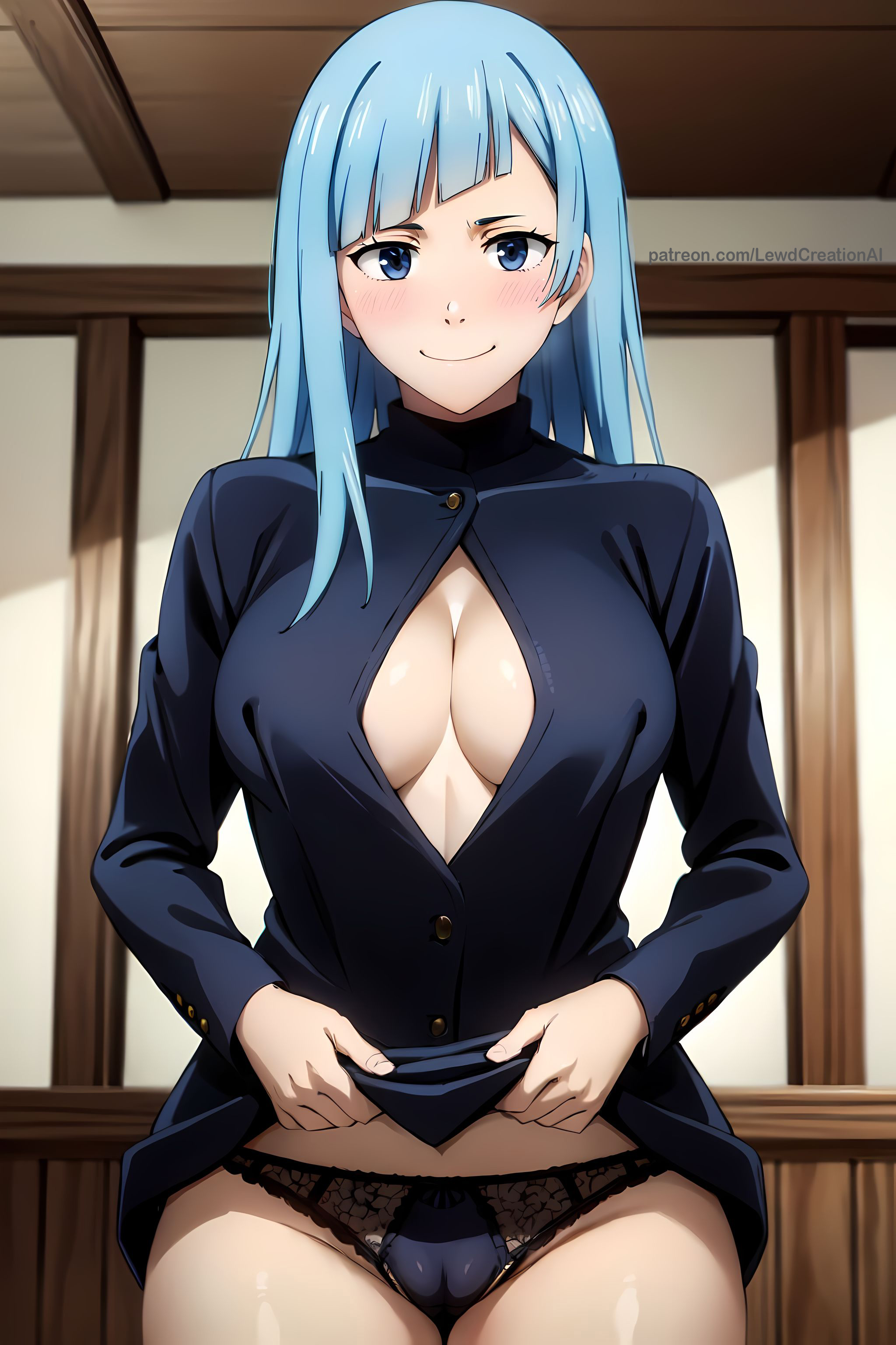1girls, ai generated, big breasts, blue eyes, blue hair, blush, blush lines, blushing at viewer, breasts, cameltoe, clothes, clothes lift, covered nipples, curvy, curvy figure, erect nipples, female, indoors, jujutsu kaisen, kasumi miwa, lewdcreationsai, looking at viewer, nipples, nipples visible through clothing, panties, pussy, smirk, solo, solo female, solo focus, standing, tagme, thighs