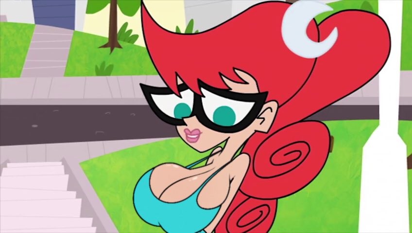 1girls, bare arms, bare shoulders, breasts, casual, cleavage, clothed, crescent hair ornament, day, edit, female, female only, glasses, green eyes, high ponytail, huge breasts, johnny test (series), large breasts, mary test, nerota, no bra, outdoors, parted lips, public, public exposure, red hair, revealing clothes, screencap, screenshot, screenshot edit, sideboob, solo, stairs, teasing, upper body