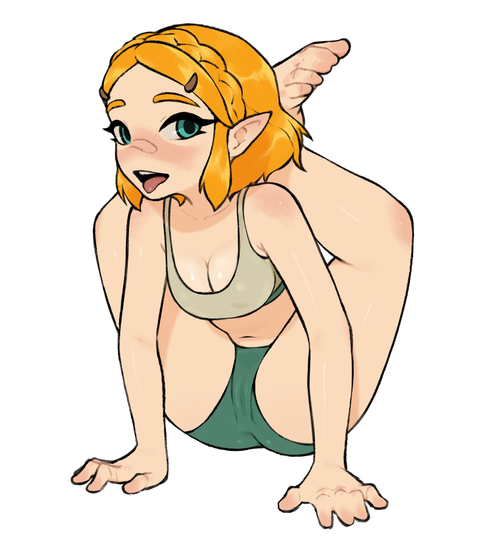 1girls, 2024, aqua eyes, ass, belly, belly button, blonde hair, blush, blushing at viewer, bottomwear, braid, breasts, calves, cameltoe, cleavage, clothed, clothed female, clothes, clothing, elf ears, feet, female, flexible, front view, full body, fully clothed, green eyes, gurumo, hair, hairclip, hi res, humanoid, legs apart, legs behind head, legs up, light skin, light-skinned female, looking at viewer, medium breasts, medium hair, navel, nintendo, open mouth, pointy ears, pose, posing, princess zelda, pussy, shirt, short shorts, shorts, simple background, sitting, smile, smiling, smiling at viewer, solo, sports bra, sportswear, stomach, tank top, tears of the kingdom, teeth, the legend of zelda, thighs, toes, tongue, tongue out, topwear, white background, yoga, zelda (tears of the kingdom)