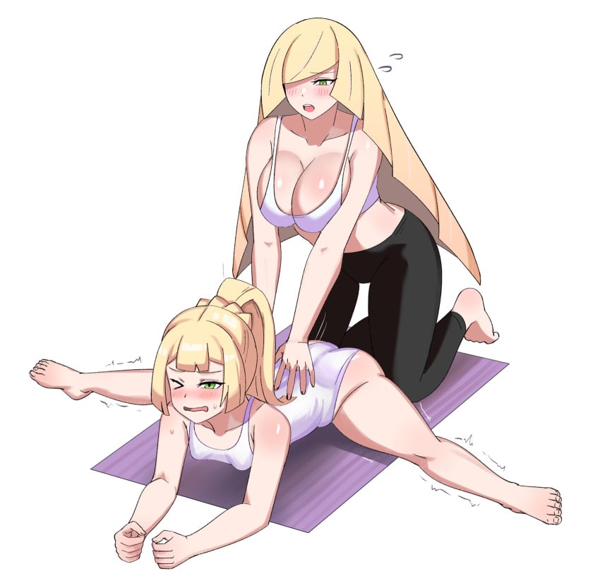 2girls, ass, barefoot, blonde hair, breast size difference, breasts, bubble ass, bubble butt, feet, female, flexible, green eyes, highleg leotard, huge breasts, large ass, leotard, light skin, light-skinned female, lillie (pokemon), long hair, lusamine (pokemon), mature female, milf, mother, mother and daughter, multiple girls, nintendo, petite, petite body, pokemon, pokemon sm, simple background, small breasts, splits, sports bra, sportswear, stretching, toes, working out, yoga, yoga pants, ytrall, yuri