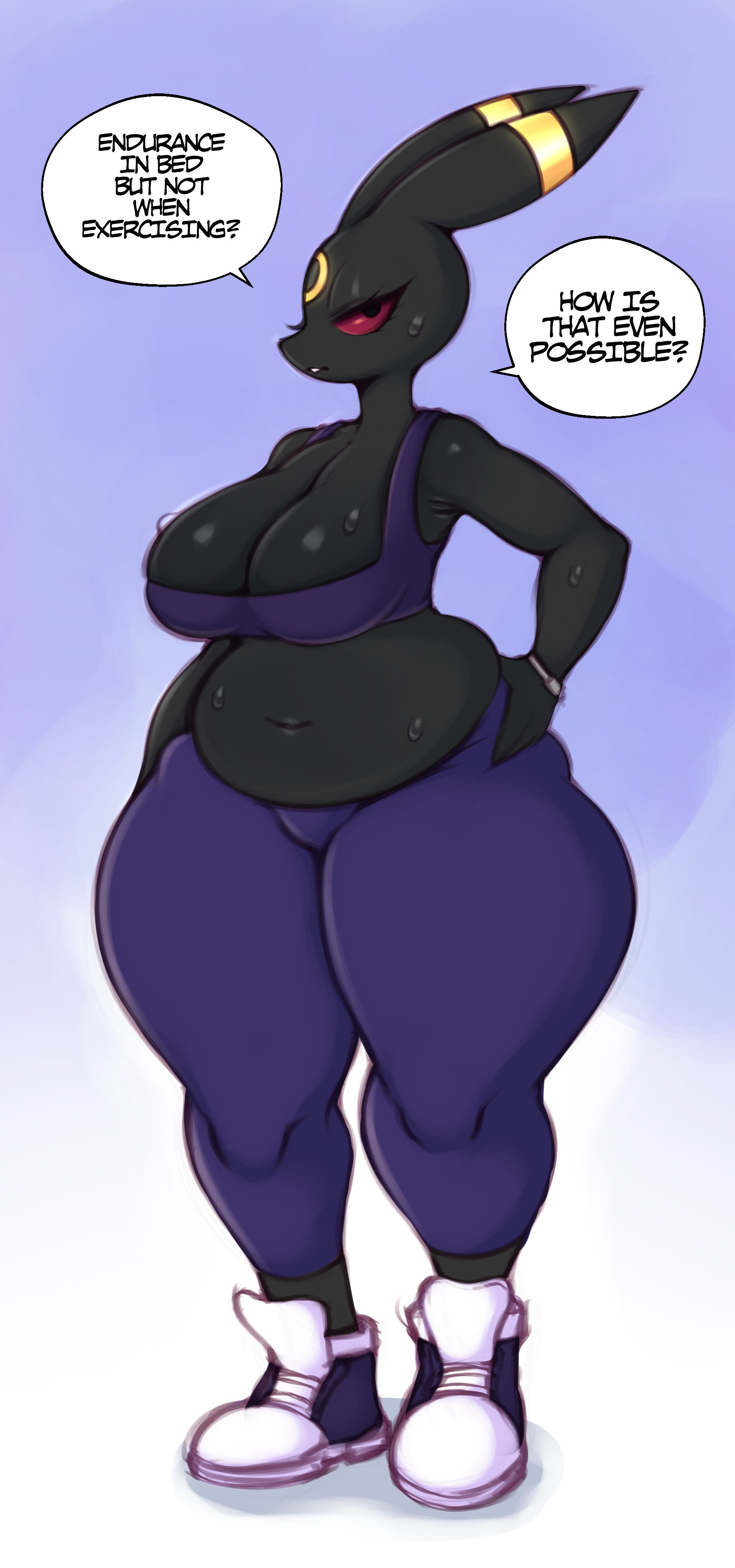 anthro, belly, big breasts, black body, black eyes, black fur, bodily fluids, breasts, chubby anthro, chubby female, cleavage, clothes, eeveelution, eyelashes, female, female pokemon, footwear, fur, generation 2 pokemon, long ears, nintendo, pants, pokemon, pokemon (species), red sclera, saltyxodium, shoes, slightly chubby, solo, sweat, thick thighs, umbreon, wide hips