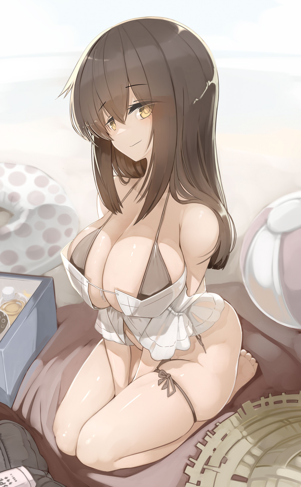 barefoot big_ass big_breasts bikini brown_eyes brown_hair feet genek kneeling long_hair looking_at_viewer see-through see-through_clothing shirt smile smiling smiling_at_viewer teenager thick thick_ass thick_thighs