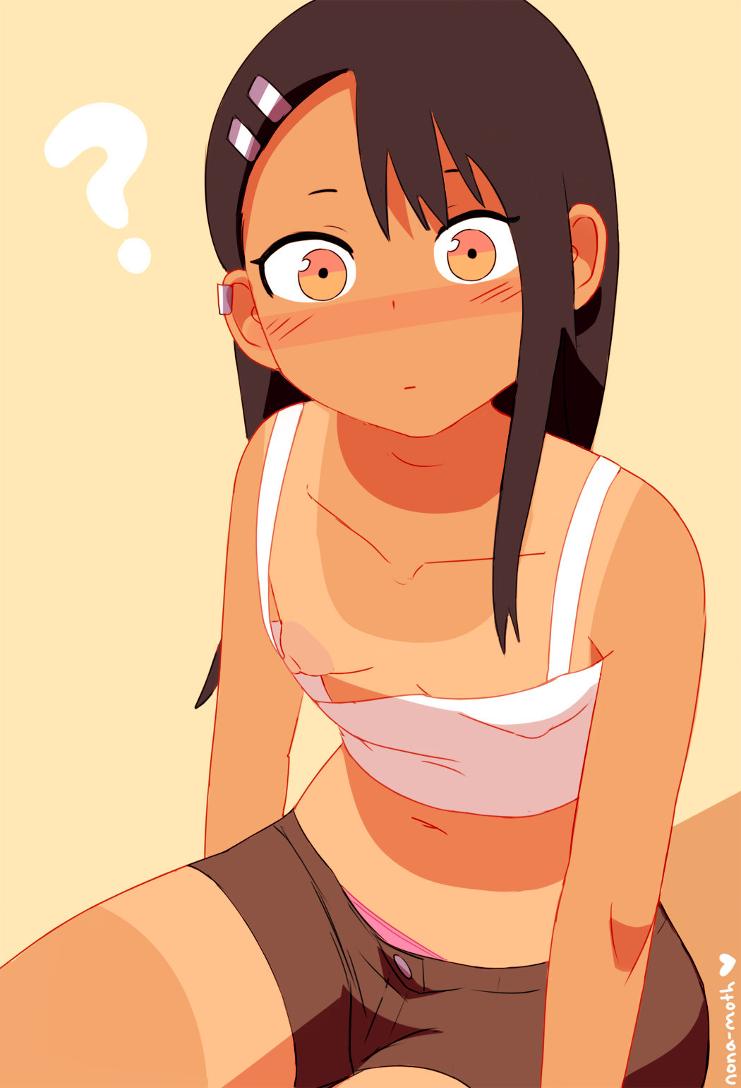 1girls ? accidental_exposure big_nipples black_hair blush breast_slip breasts brown_eyes clothed clothing down_blouse female female_focus female_only flat_chest hayase_nagatoro hi_res huge_nipples human long_hair looking_at_viewer nip_slip nipple_slip nipples nonamoth one_breast_out panty_peek pink_panties please_don't_bully_me,_nagatoro puffy_nipples revealing_clothes small_breasts solo tan tank_top tanline tanlines unaware