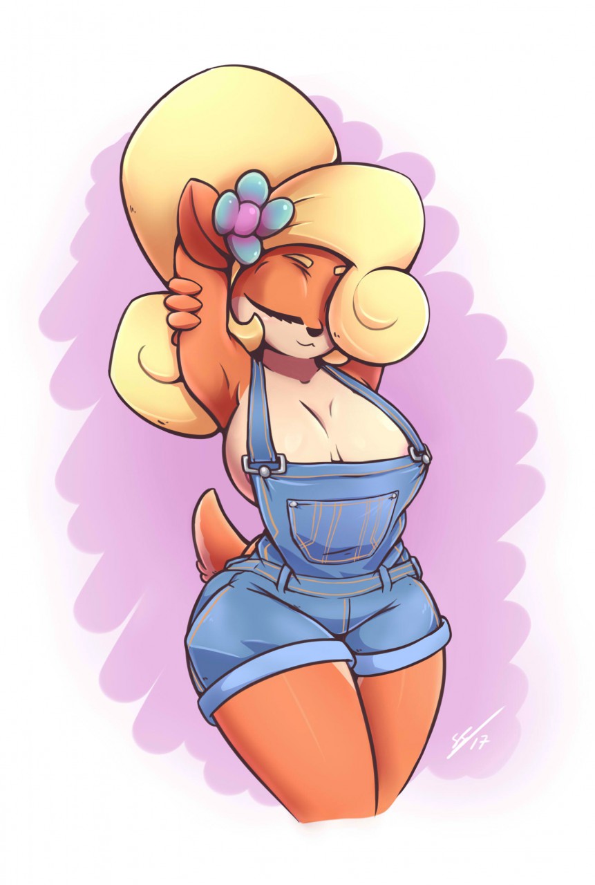 :3, 1girls, anthro, areola, areola slip, areolae, bandicoot, blonde hair, blue eyes, breasts, closed eyes, clothing, coco bandicoot, crash (series), female, female only, fur, furry, hair over one eye, huge breasts, long hair, marsupial, no shirt, overalls, ponytail, secretly saucy, solo, solo female, sony corporation, tail, tied hair, topless