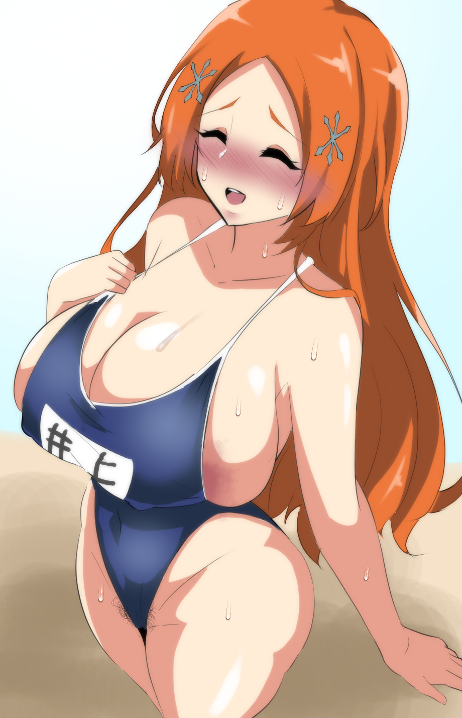 1girls ass bleach blush breasts cielr18 cleavage closed_eyes female female_only inoue_orihime large_breasts one-piece_swimsuit orange_hair solo swimsuit thighs wide_hips