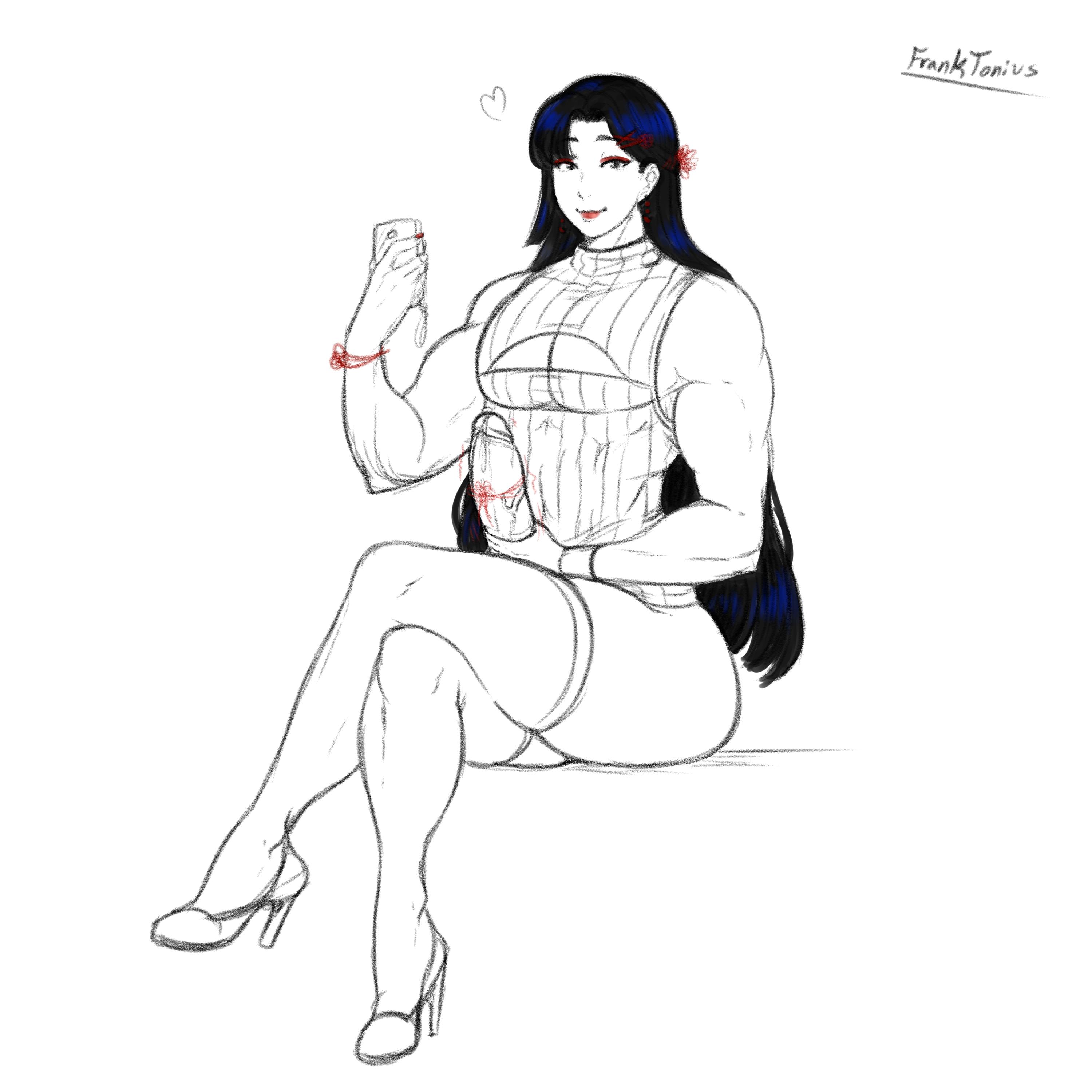 1boy, ambush (trap), ass, bare shoulders, big ass, big penis, black hair, crossdressing, erection, eyelashes, franktonius, girly, grabbing, high heels, keyhole turtleneck, lace, large penis, limited color, limited palette, long hair, looking at viewer, male, male only, masculine crossdresser, muscles, muscular, muscular femboy, muscular male, near monochrome, partially colored, penis, red lipstick, selfie, sitting, sketch, smile, soft color, solo, thick thighs, toned