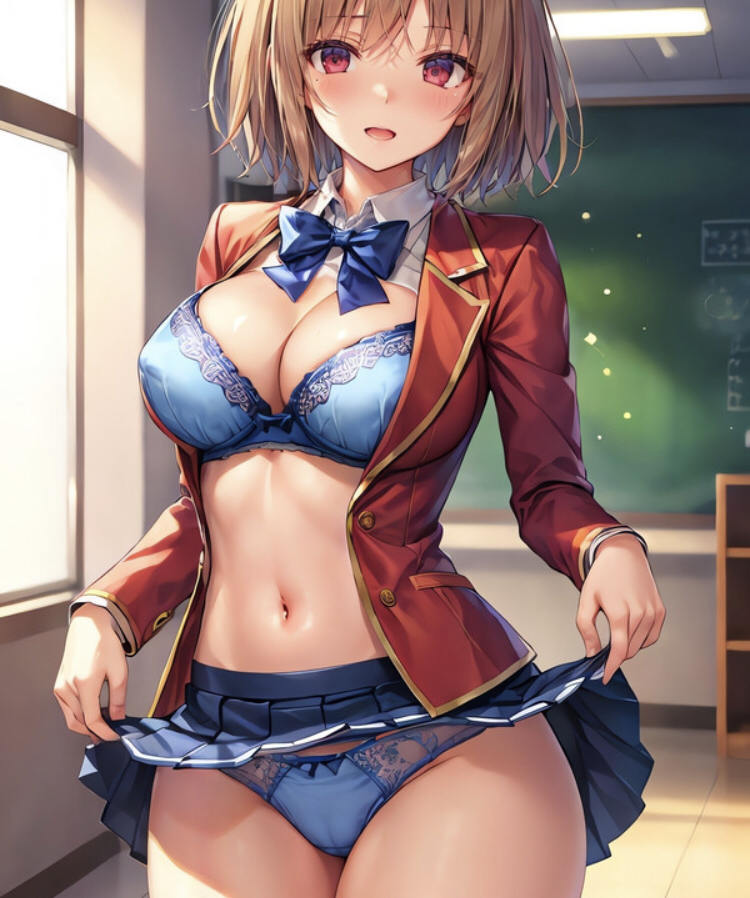 1girls ai_generated alde belly_button blonde_female blonde_hair blue_bow blue_bra blue_panties blush bow_bra bow_panties chalkboard classroom_of_the_elite classroom_setting exposed_bra exposed_panties female female_only kushida_kikyou looking_at_viewer open_mouth pink_eyes pov_eye_contact pussy_outline red_blazer schoolgirl shirt_up showing_panties skirt skirt_lift solo stomach unbuttoned_jacket white_shirt