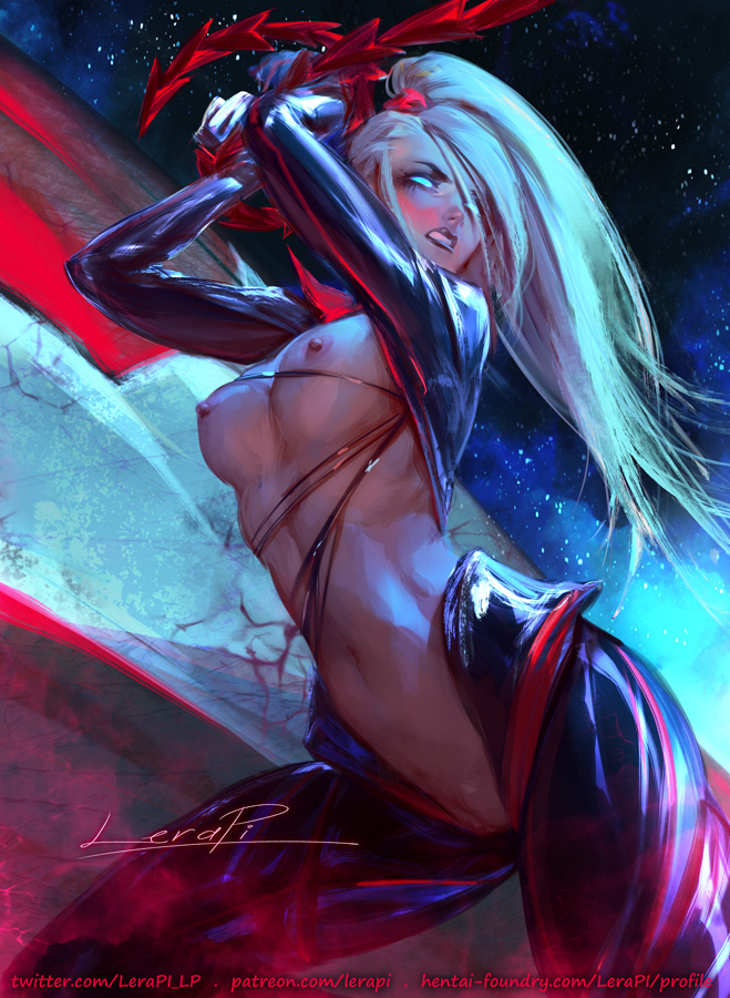 1girls, angry, angry expression, areolae, blonde hair, blue eyes, breasts, dark samus, female, female only, lerapi, metroid, midriff, navel, nintendo, nipples, ponytail, pussy, ripped clothing, samus aran, solo, zero suit, zero suit samus
