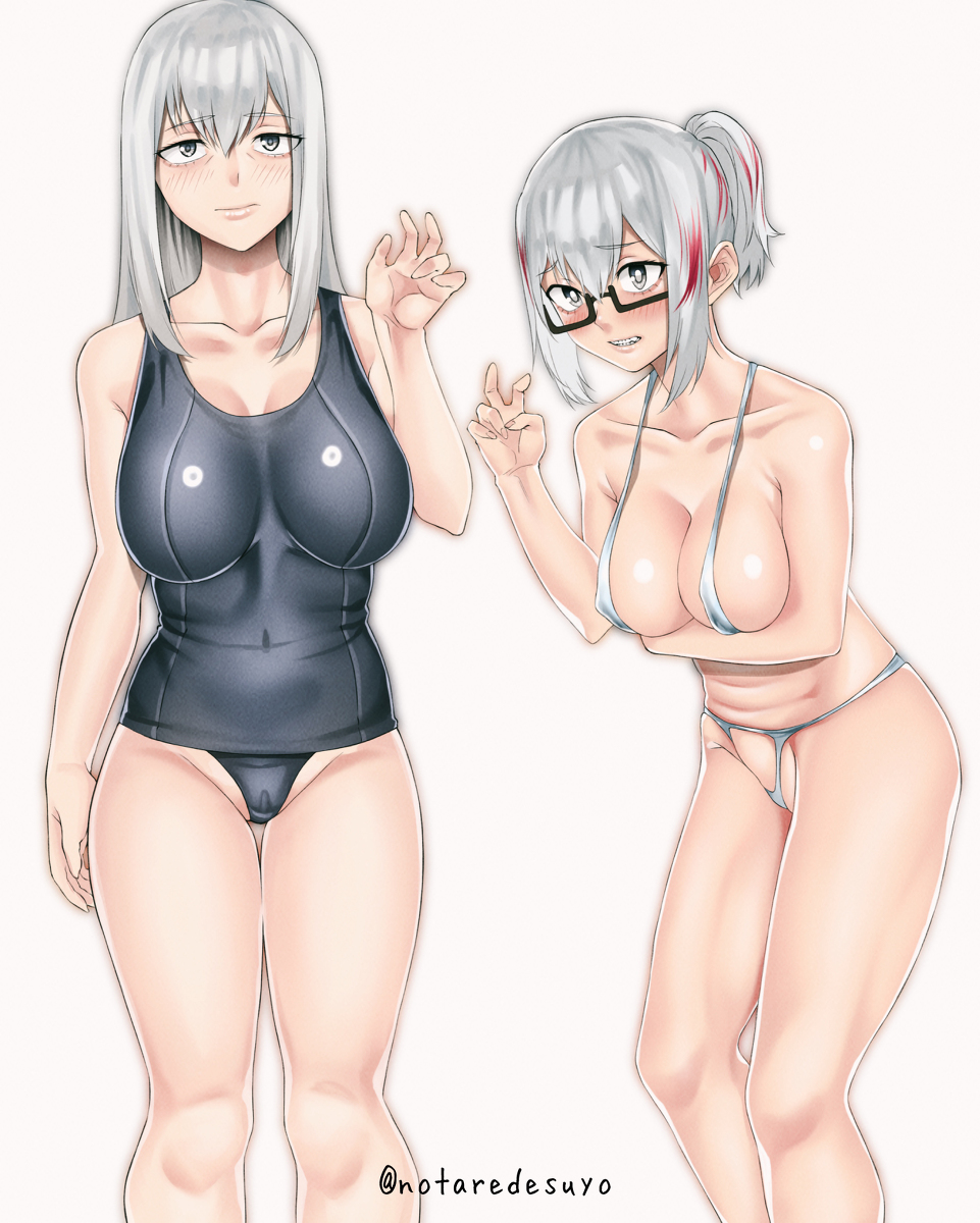 2girls big_breasts blush breasts female female_only fuyumi_todoroki glasses gray_eyes long_hair mature_female milf mother_and_daughter multiple_girls my_hero_academia navel notaredesuyo peace_sign ponytail rei_todoroki swimsuit thick_thighs white_hair