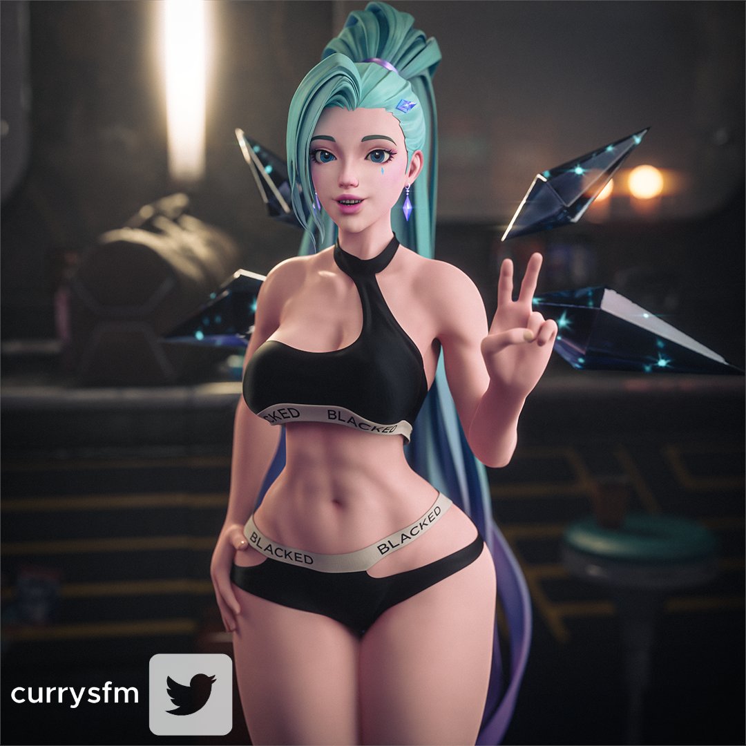 1girls, 3d, blacked, blacked clothing, blue eyes, blue hair, currysfm, female, female only, k/da all out seraphine, k/da all out series, league of legends, light skin, light-skinned female, peace sign, seraphine (league of legends), smiling, solo, v