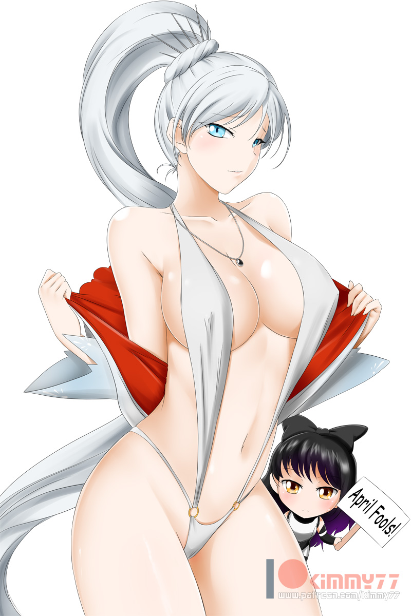 2girls, bare shoulders, bikini, black bow, black hair, blake belladonna, blue eyes, bow, breasts, chibi, cleavage, collarbone, english text, female, female only, hairbow, jewelry, kimmy77, large breasts, long hair, looking at viewer, multiple females, multiple girls, navel, neck, necklace, off shoulder, rwby, rwby chibi, side ponytail, silver hair, swimsuit, undressing, weiss schnee, white background, yellow eyes