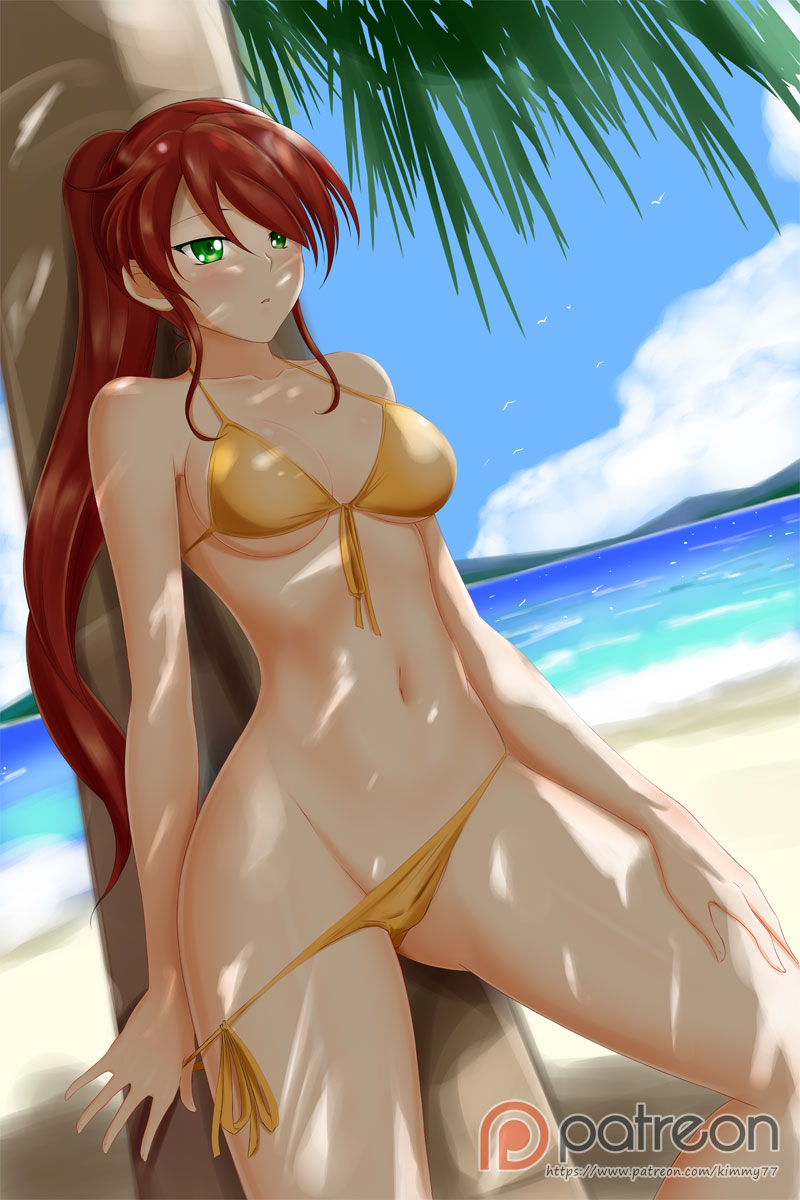 :o, against tree, bare arms, bare legs, beach, bikini, bikini pull, blush, breasts, cloud, day, dutch angle, female, female only, green eyes, kimmy77, legs, long hair, looking at viewer, medium breasts, midriff, navel, ocean, outdoors, palm tree, ponytail, pyrrha nikos, red hair, rwby, sand, sea, shade, side-tie panties, sky, solo, standing, swimsuit, swimsuit pull, tree, underboob, water, yellow bikini, yellow swimsuit