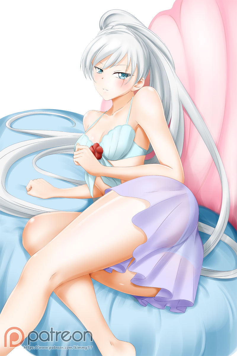 ass, bikini, blue eyes, breasts, female, female only, kimmy77, long hair, looking at viewer, looking back, lying, on side, rwby, side ponytail, silver hair, skirt, small breasts, solo, swimsuit, weiss schnee, white background