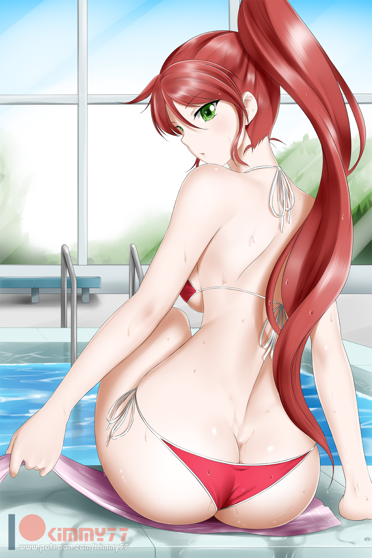 :o, arm support, ass, ass cleavage, ass crack, back, backboob, bare arms, bare back, bare legs, bare shoulders, bikini, blush, breasts, butt crack, day, female, female only, green eyes, indoors, kimmy77, legs, long hair, looking at viewer, looking back, medium breasts, ponytail, pool, pyrrha nikos, red bikini, red hair, red swimsuit, rwby, side-tie panties, sitting, solo, swimsuit, water