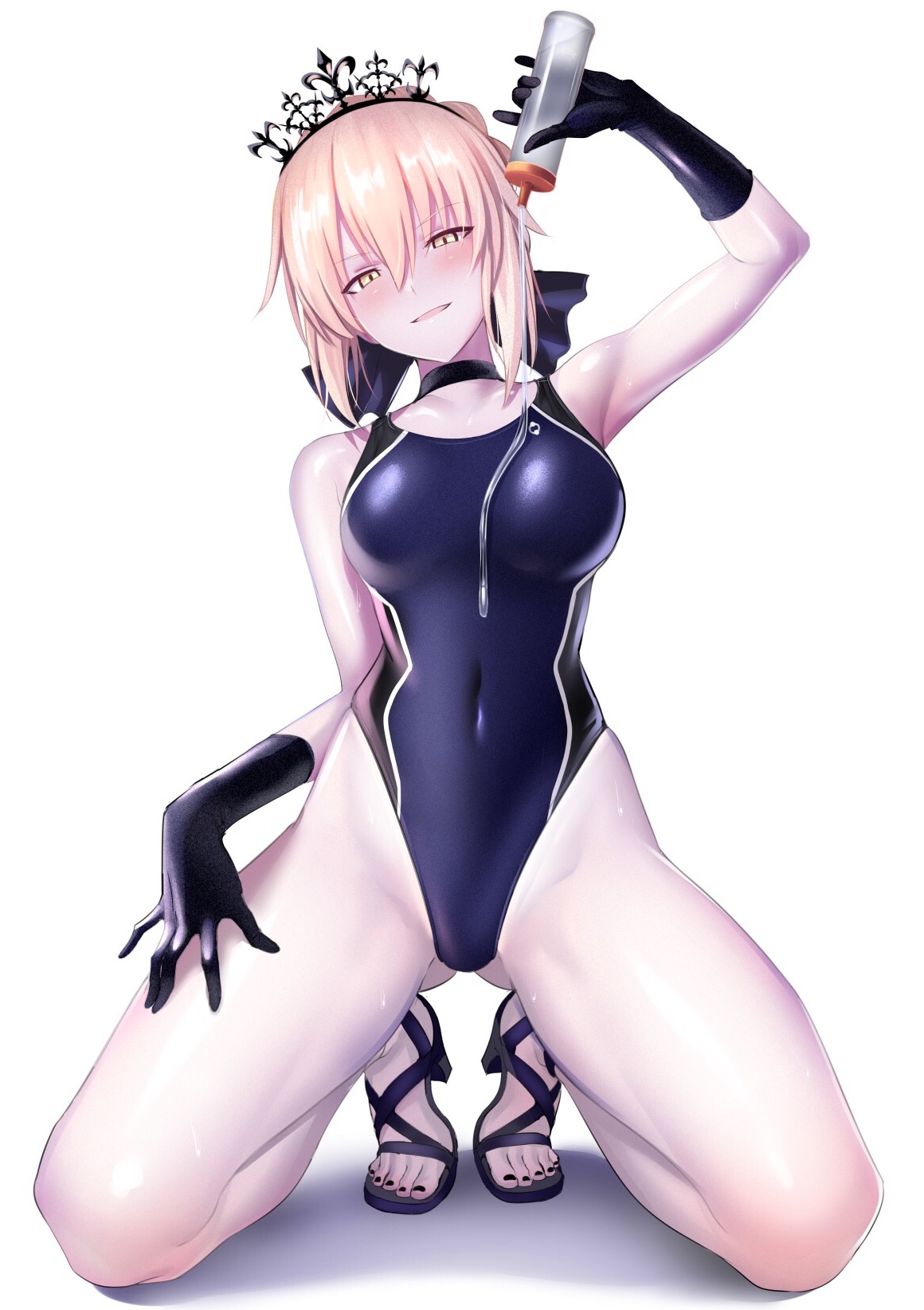 armpits, artoria pendragon, artoria pendragon (alter), artoria pendragon (swimsuit rider alter), bare legs, black gloves, black nails, blonde hair, blue ribbon, blush, bodysuit, bottle, breasts, choker, commentary request, competition swimsuit, covered navel, eyebrows visible through hair, fate (series), fate/grand order, female, female only, full body, gloves, gluteal fold, hair between eyes, hair ribbon, hand up, head tilt, high heels, highleg, highleg swimsuit, highres, holding, kneeling, looking at viewer, lotion, lubricant, medium breasts, nail polish, one-piece swimsuit, open mouth, pale skin, pouring, pouring on breasts, pouring on self, ribbon, sandals, shiny, shiny skin, simple background, skin tight, smile, solo, source request, swimsuit, tiara, toenail polish, ulrich (tagaragakuin), wet, white background, white hair, yellow eyes
